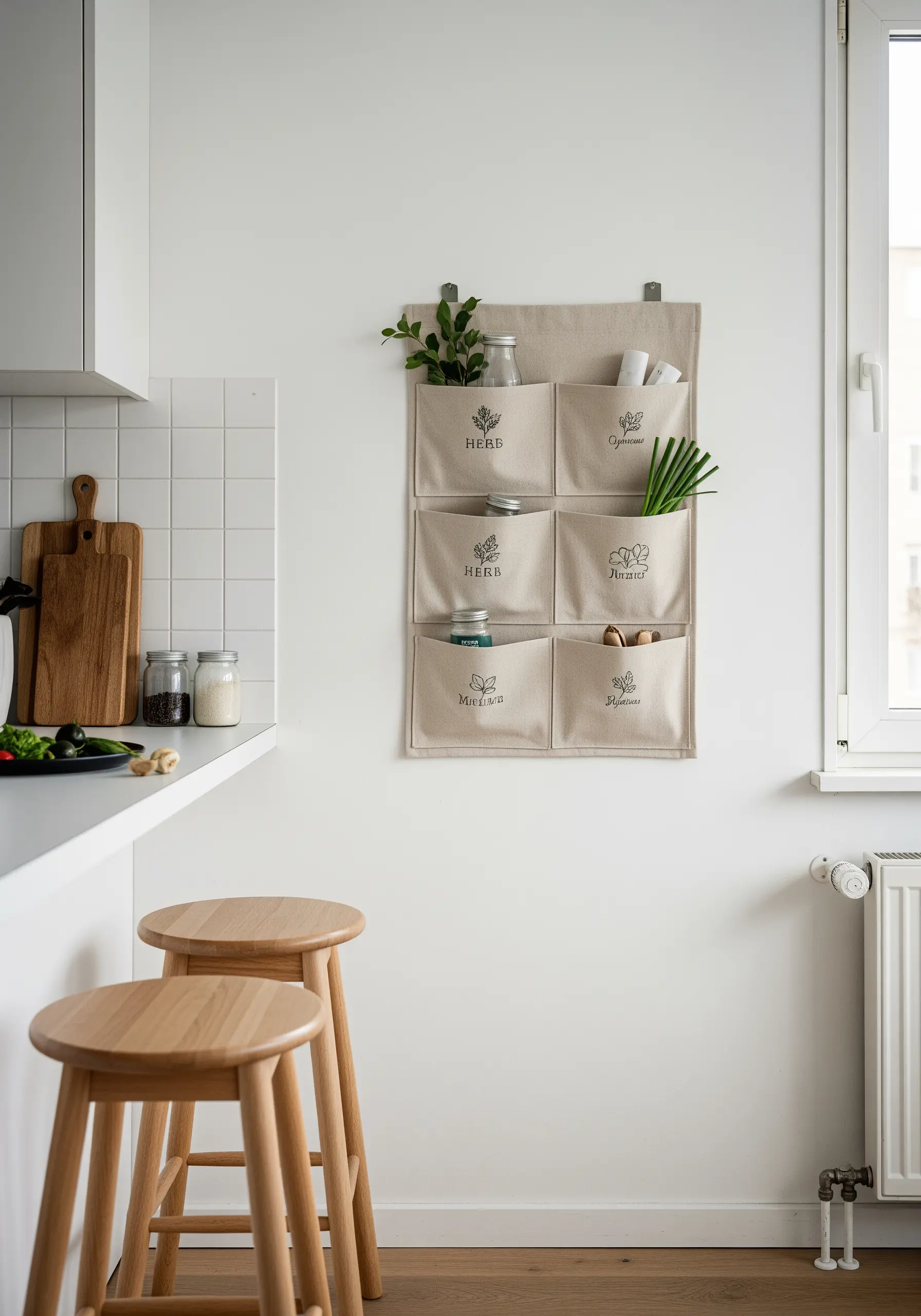 Hanging fabric organizer with pockets labeled with embroidered herb names and motifs