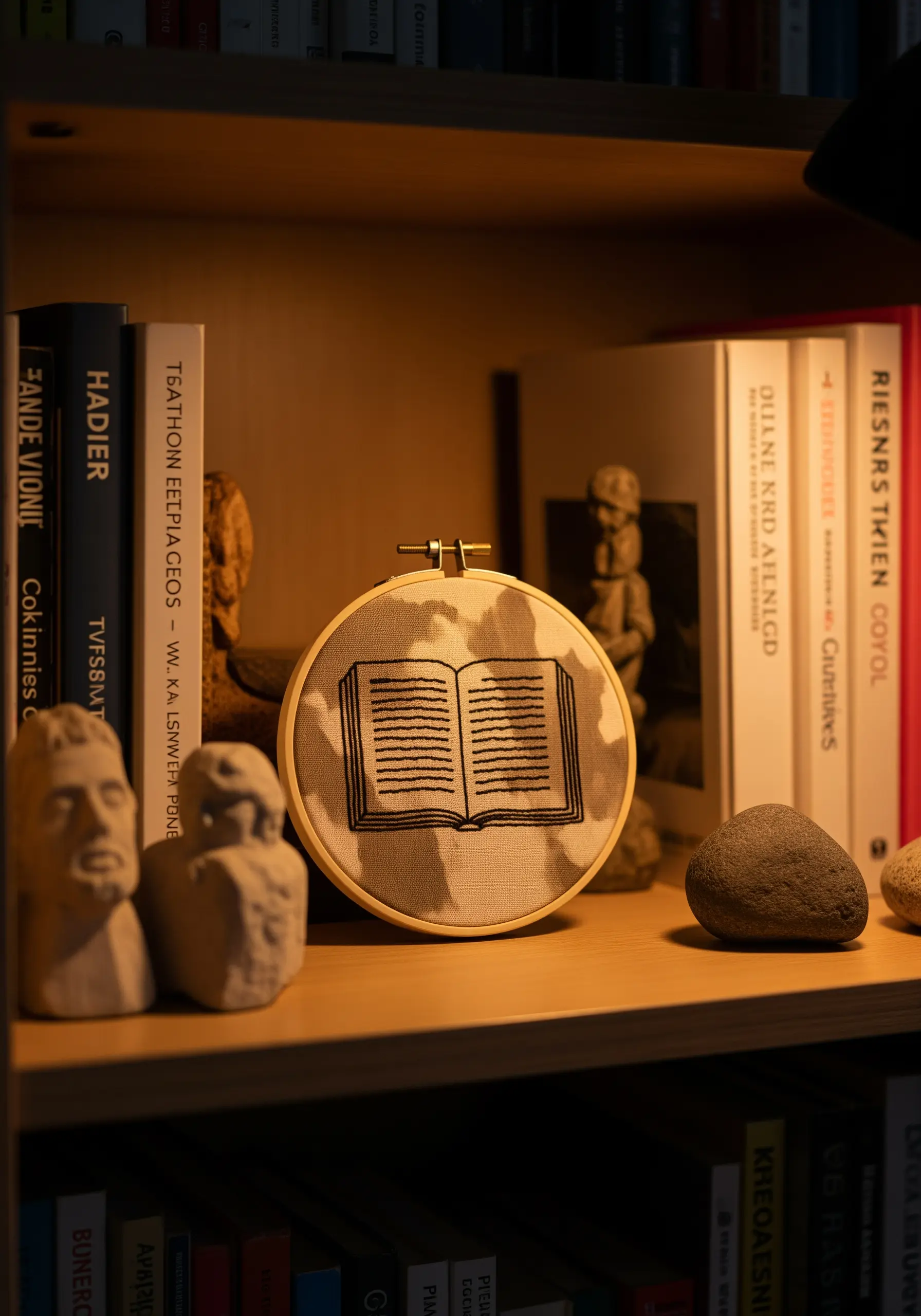 An open book embroidered in black thread on a mottled gray and white fabric, placed on a bookshelf.