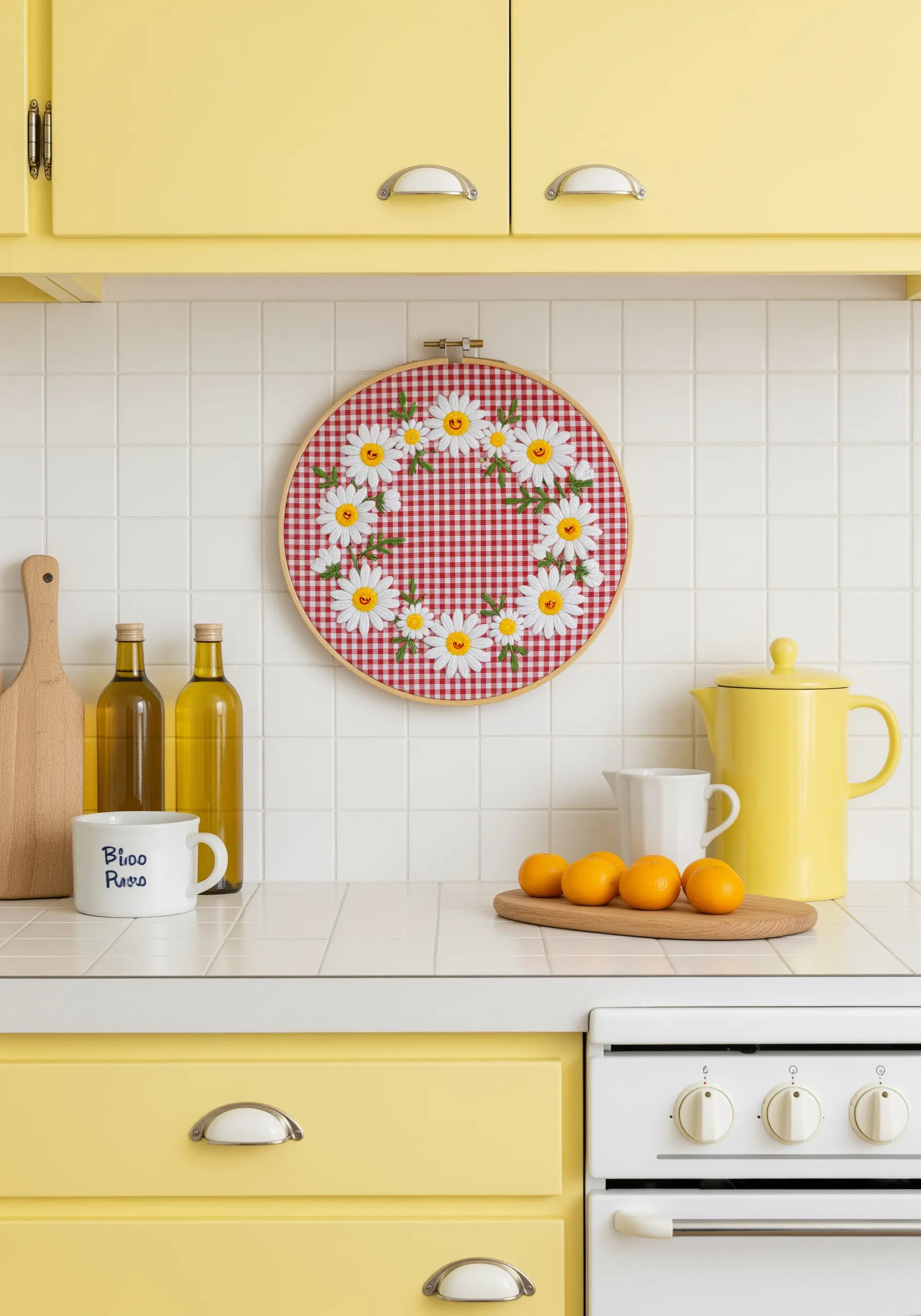 A cheerful daisy wreath with smiley faces embroidered on red and white gingham fabric.