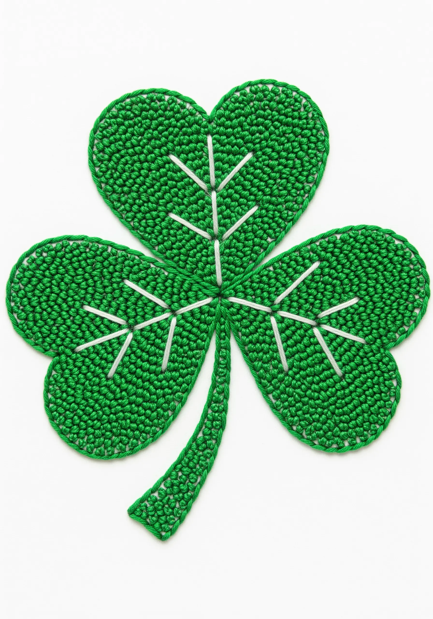 White straight stitches creating veins on a green crocheted shamrock leaf.