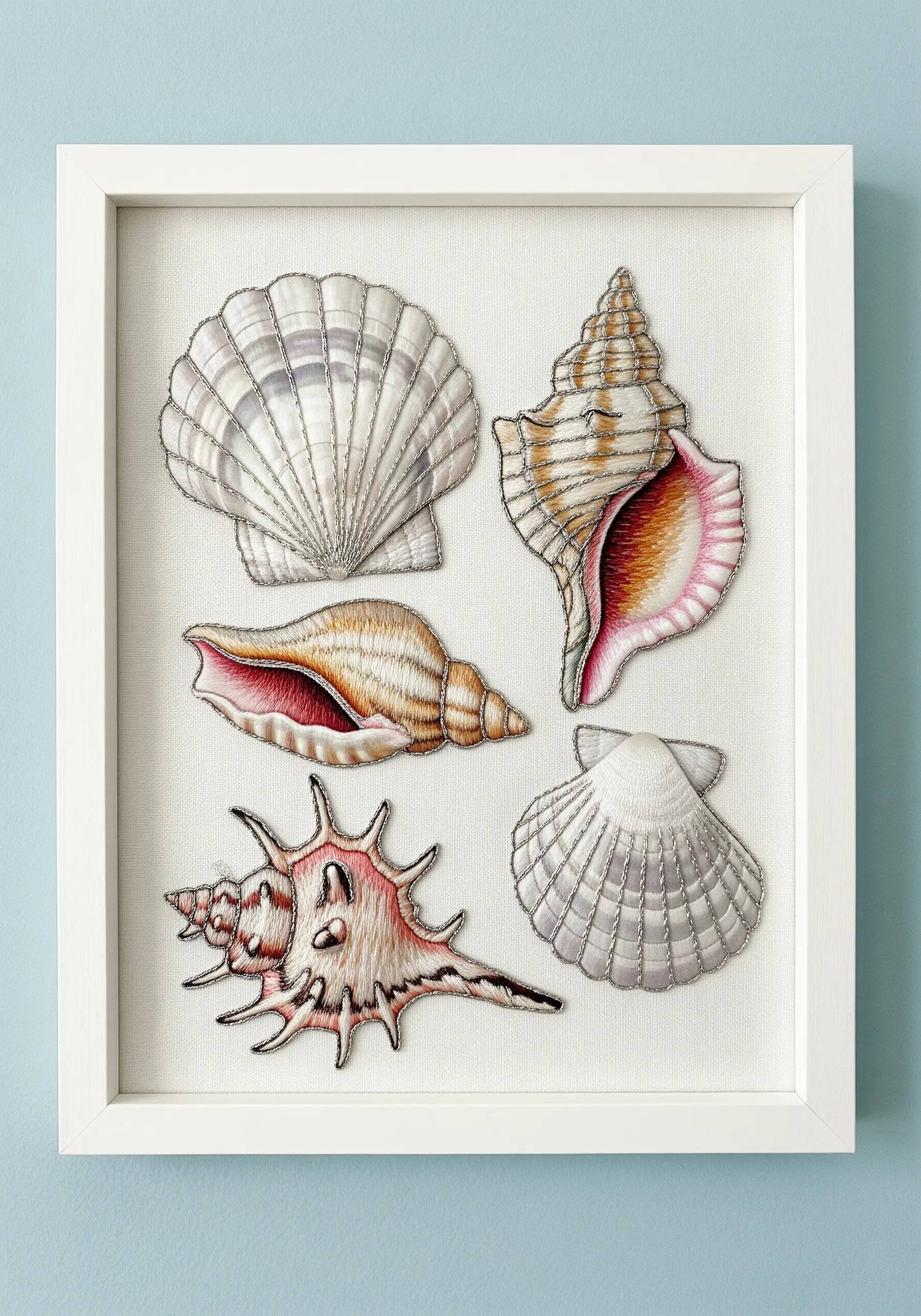 A collection of five intricately embroidered seashells framed in a white shadow box.