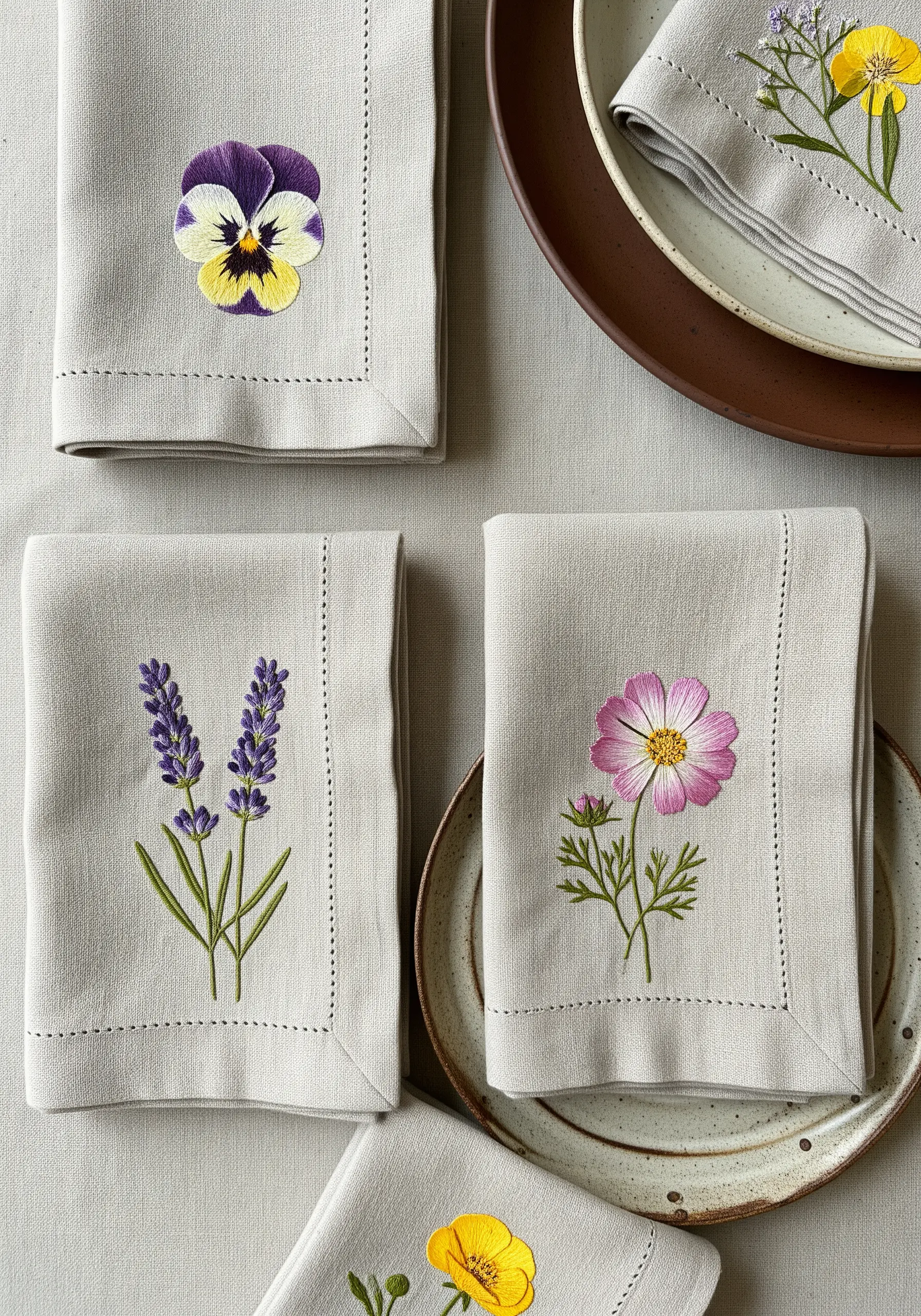 Four linen napkins, each embroidered with a different realistic flower like a pansy or lavender.