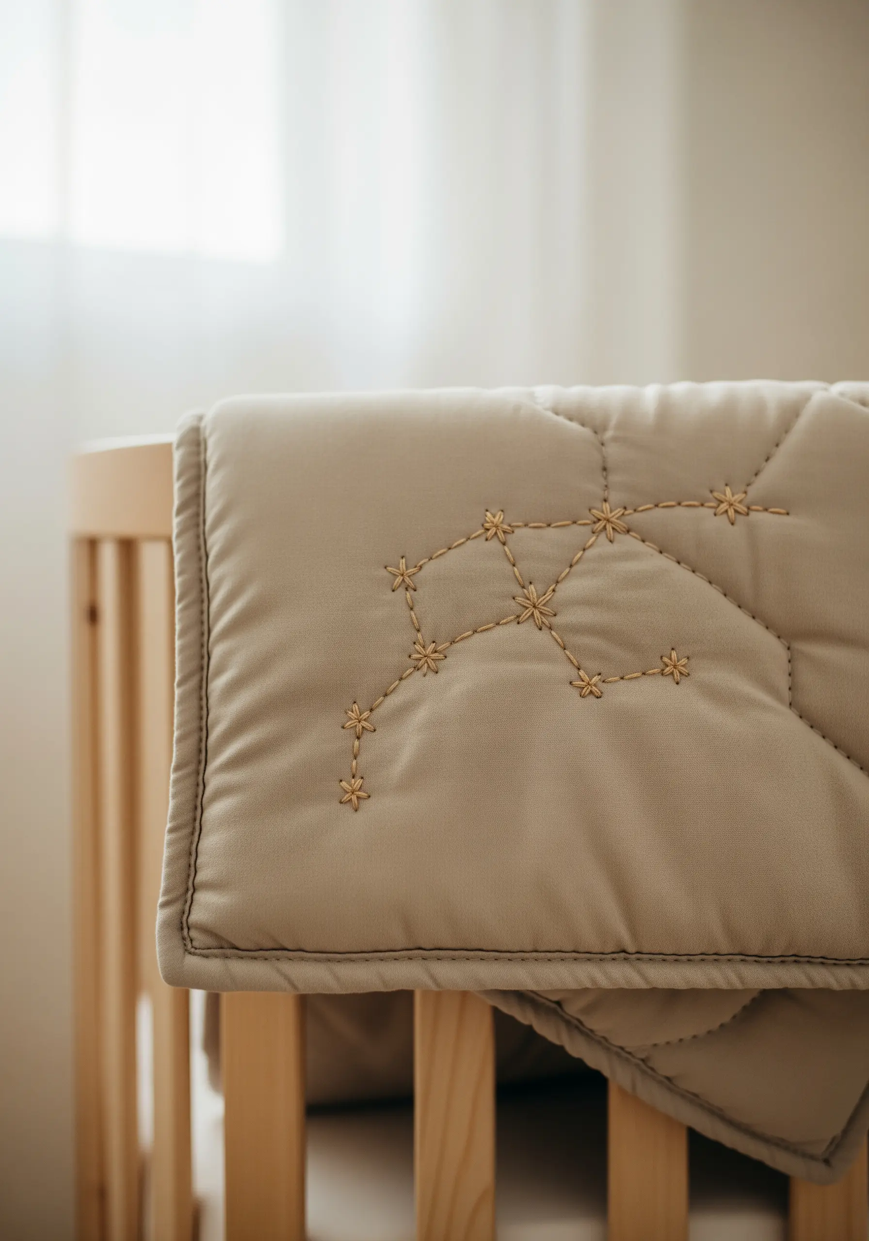 A quilted taupe baby blanket featuring an embroidered constellation made of tiny flowers