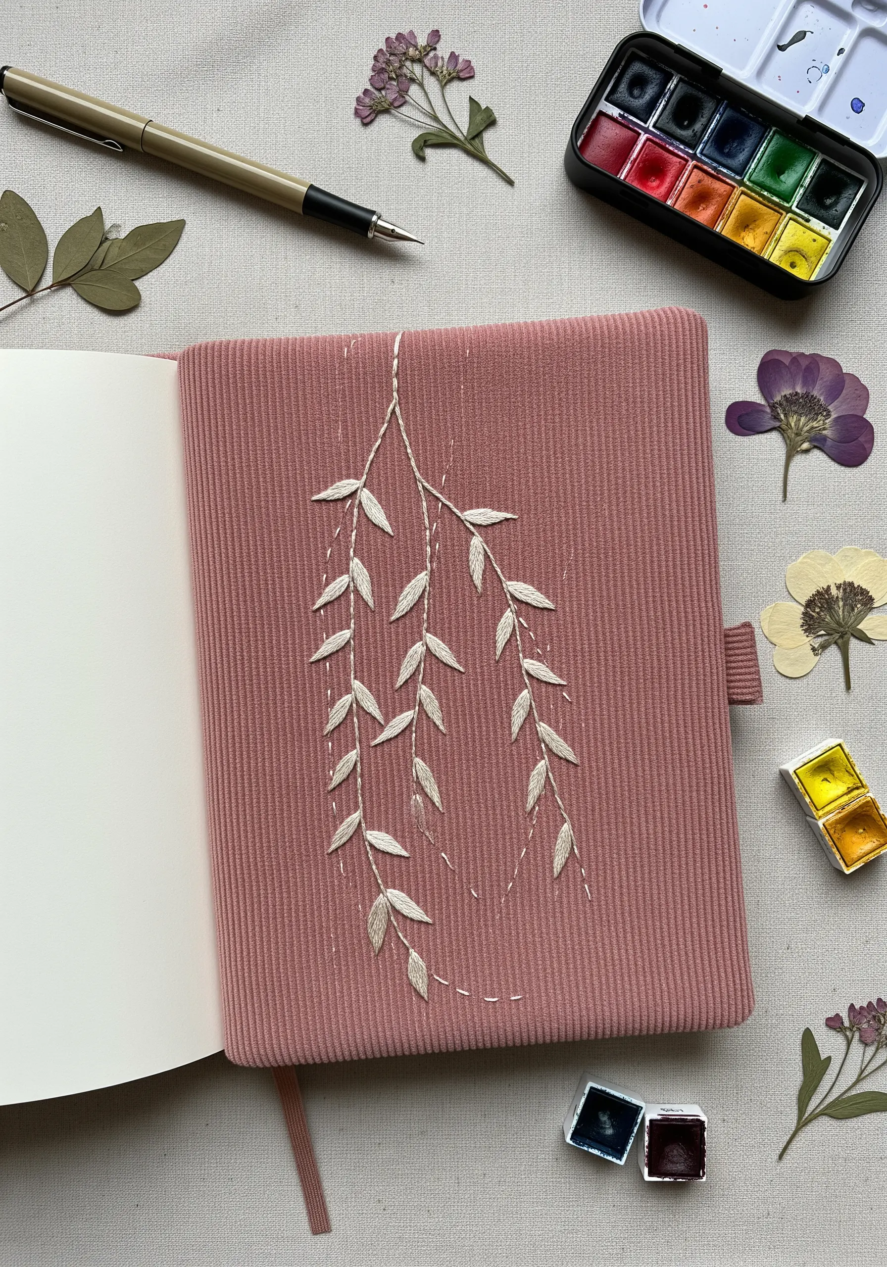 A weeping willow branch embroidered in white thread on the cover of a pink corduroy notebook.