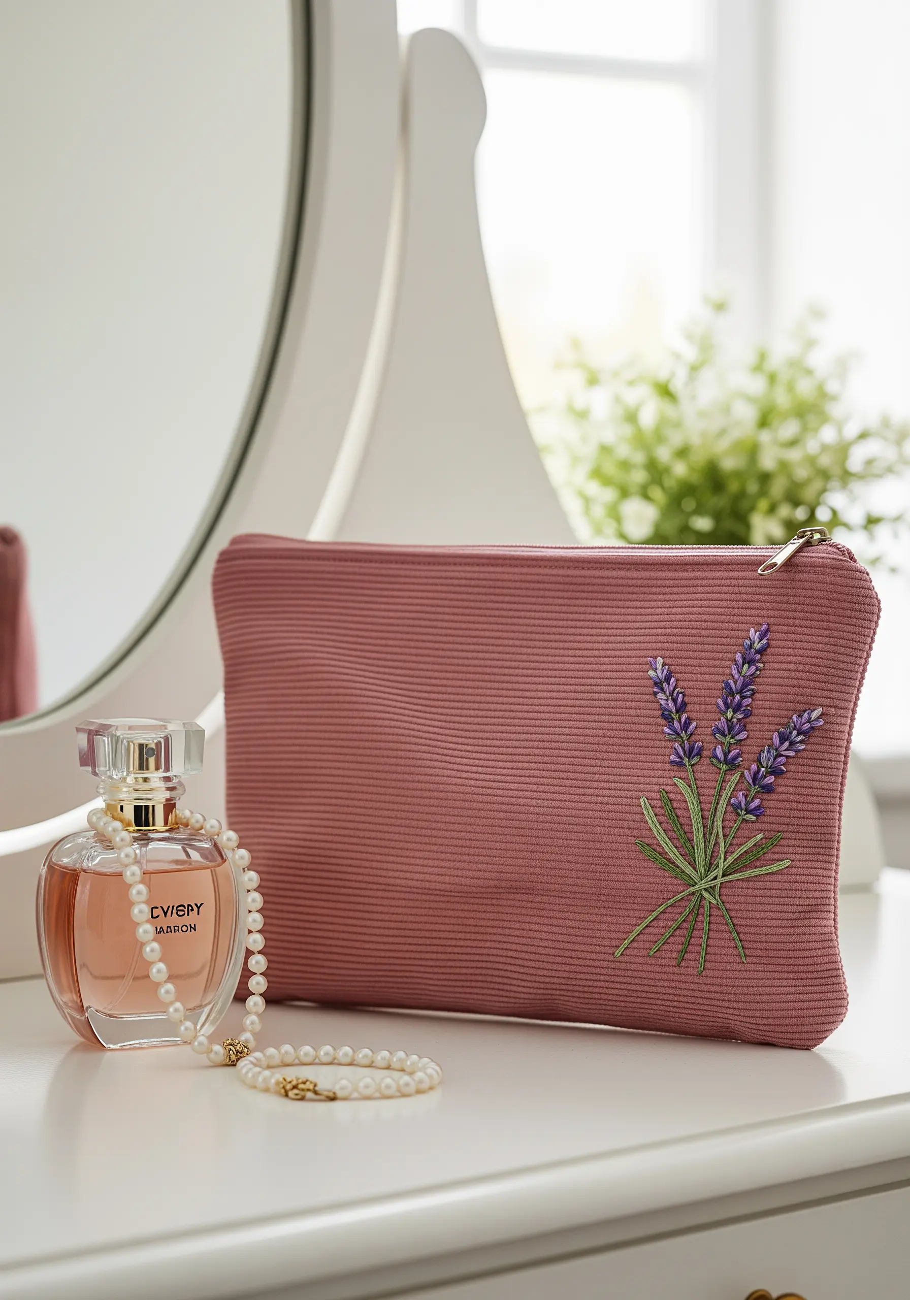 Delicate lavender embroidery on the corner of a pink ribbed corduroy pouch.