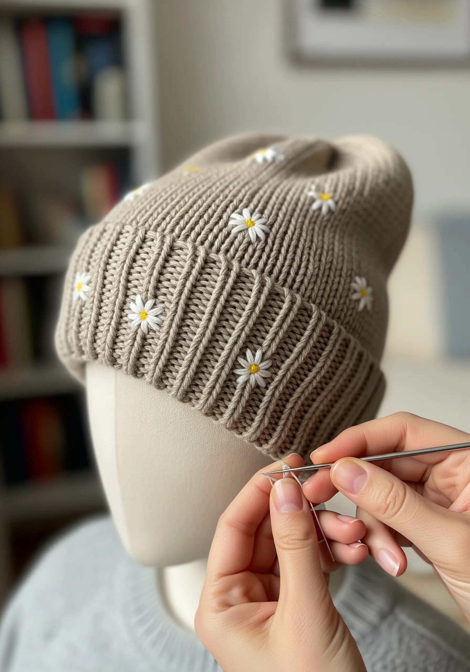 Hand embroidering small white and yellow daisies onto a ribbed beige beanie