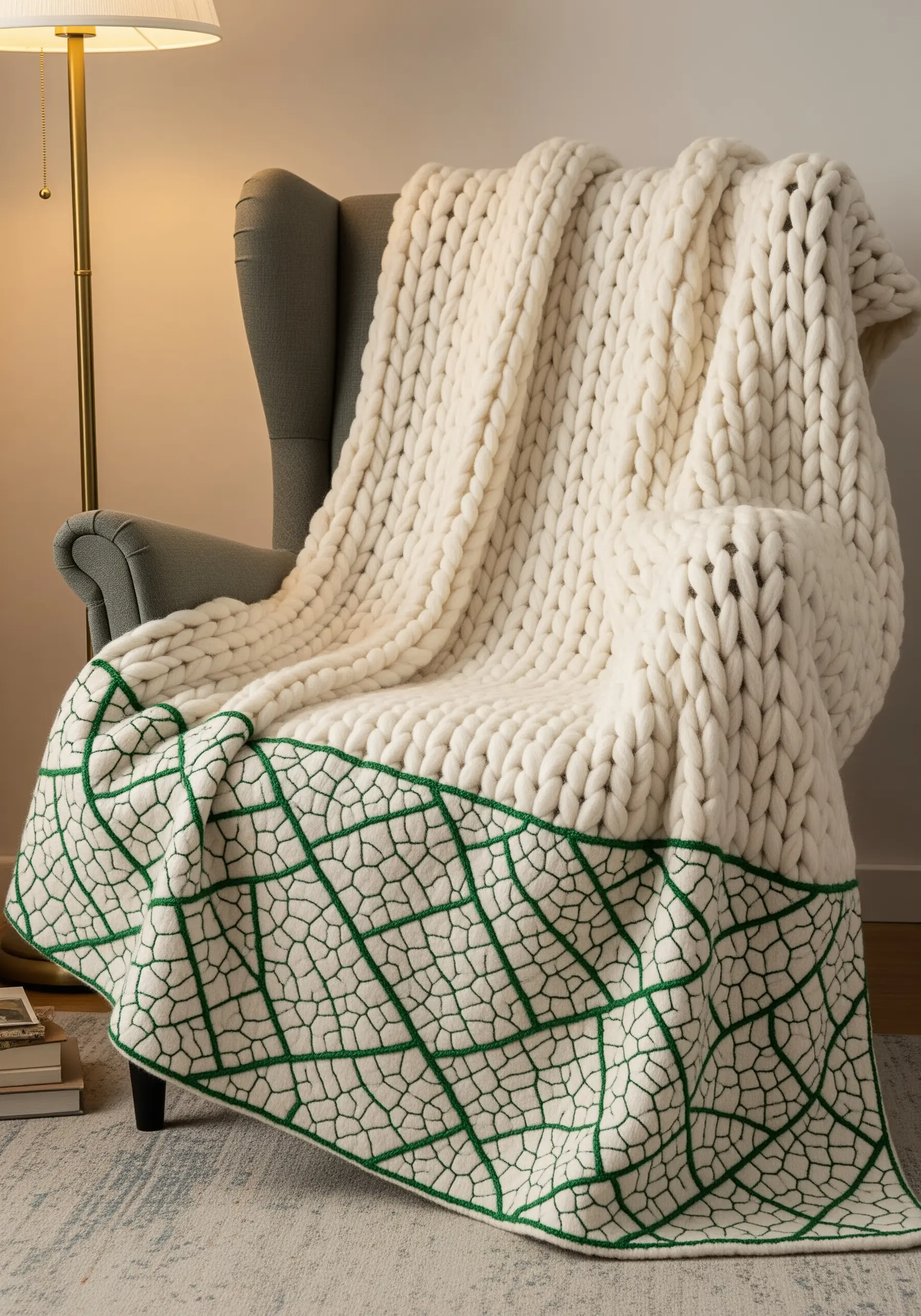 Green thread couched onto a chunky white knit blanket in a leaf vein pattern.
