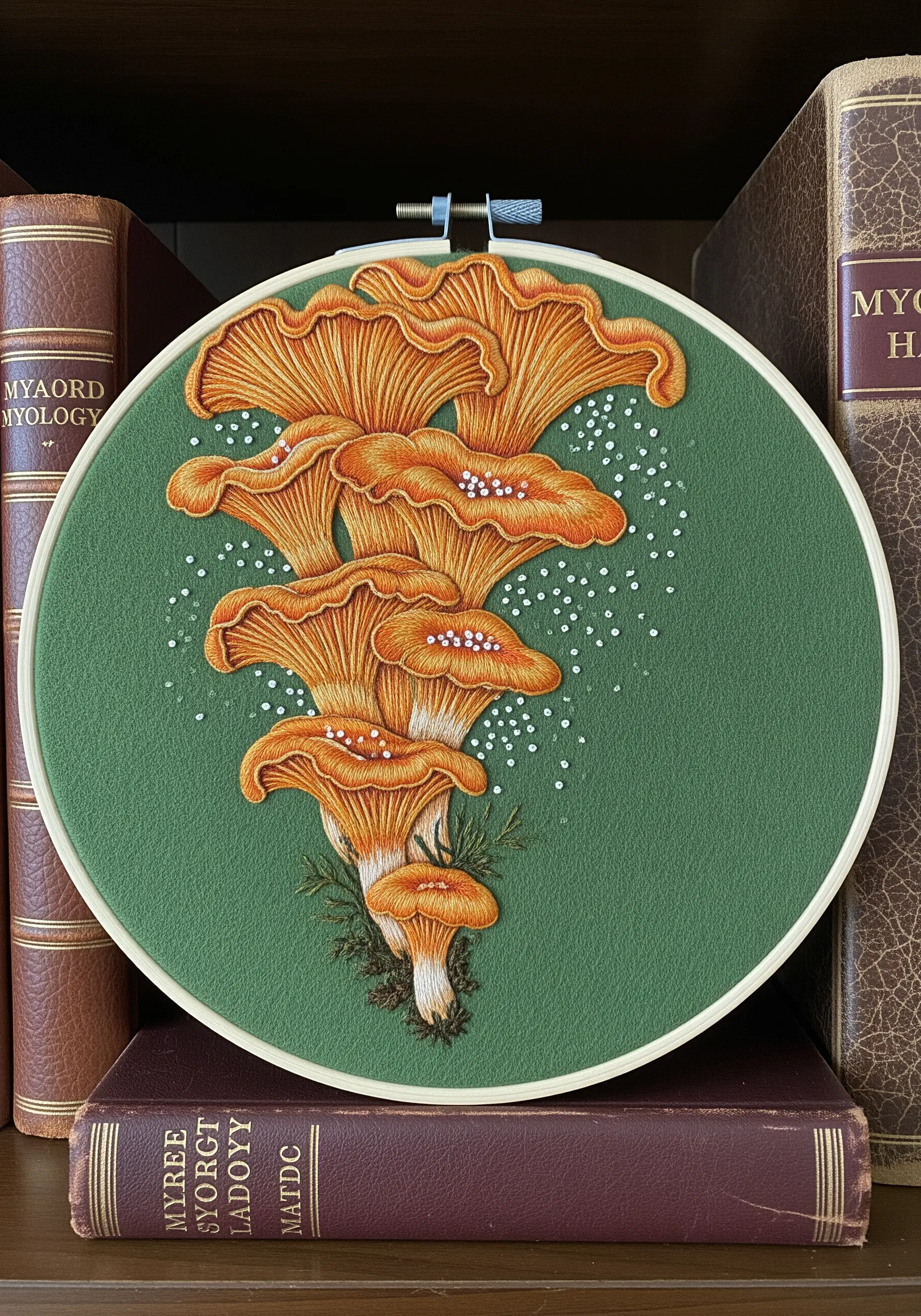 Orange chanterelle mushrooms embroidered on green fabric, detailed with white French knot spores.