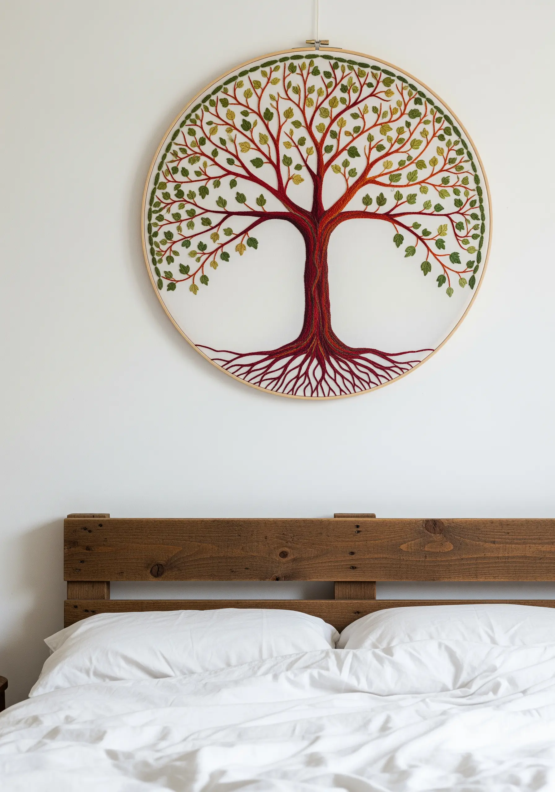 An embroidered Tree of Life on sheer fabric, with detailed roots and colorful leaves.