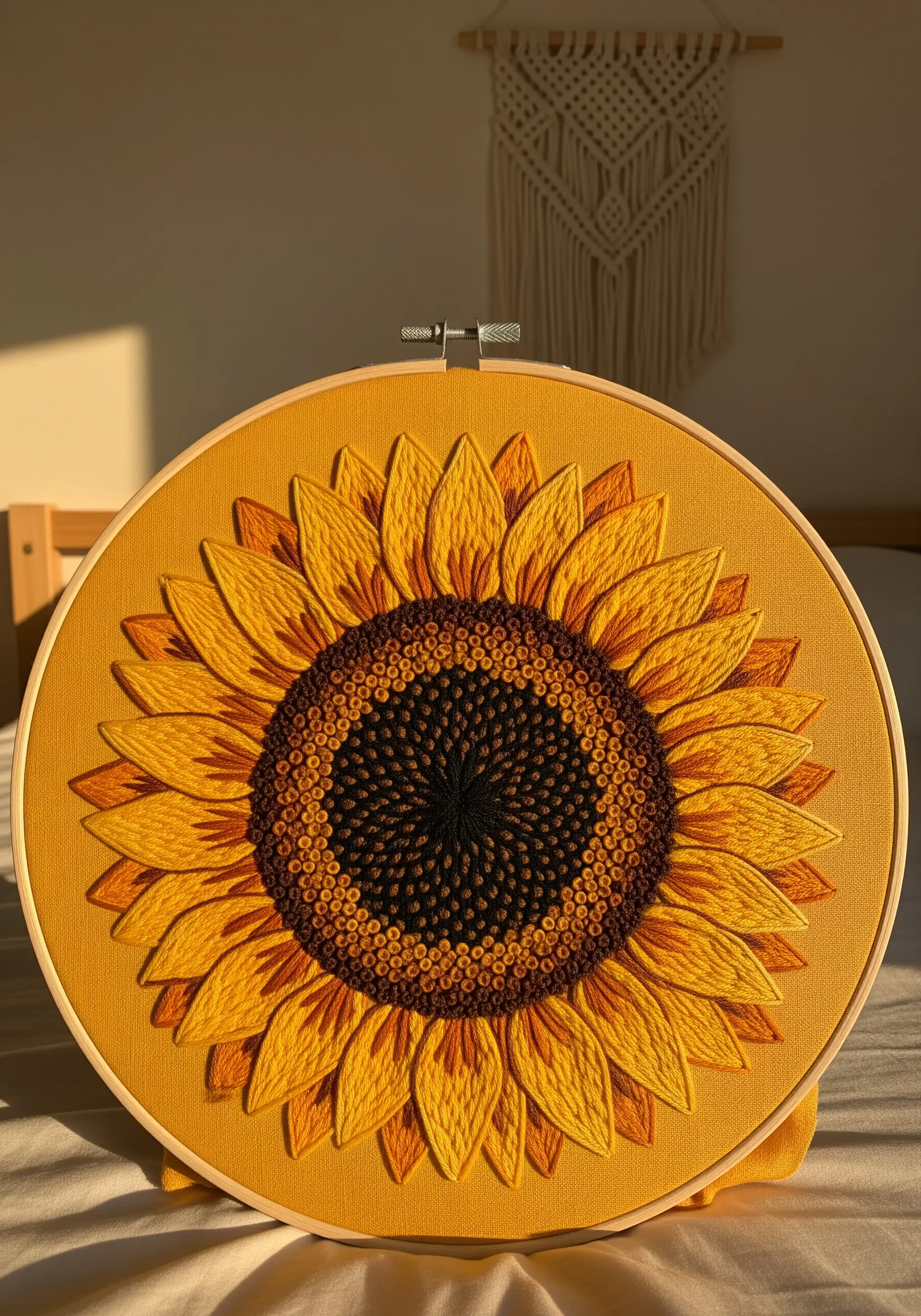 A detailed sunflower embroidery in a hoop, with petals filled using directional satin stitch.