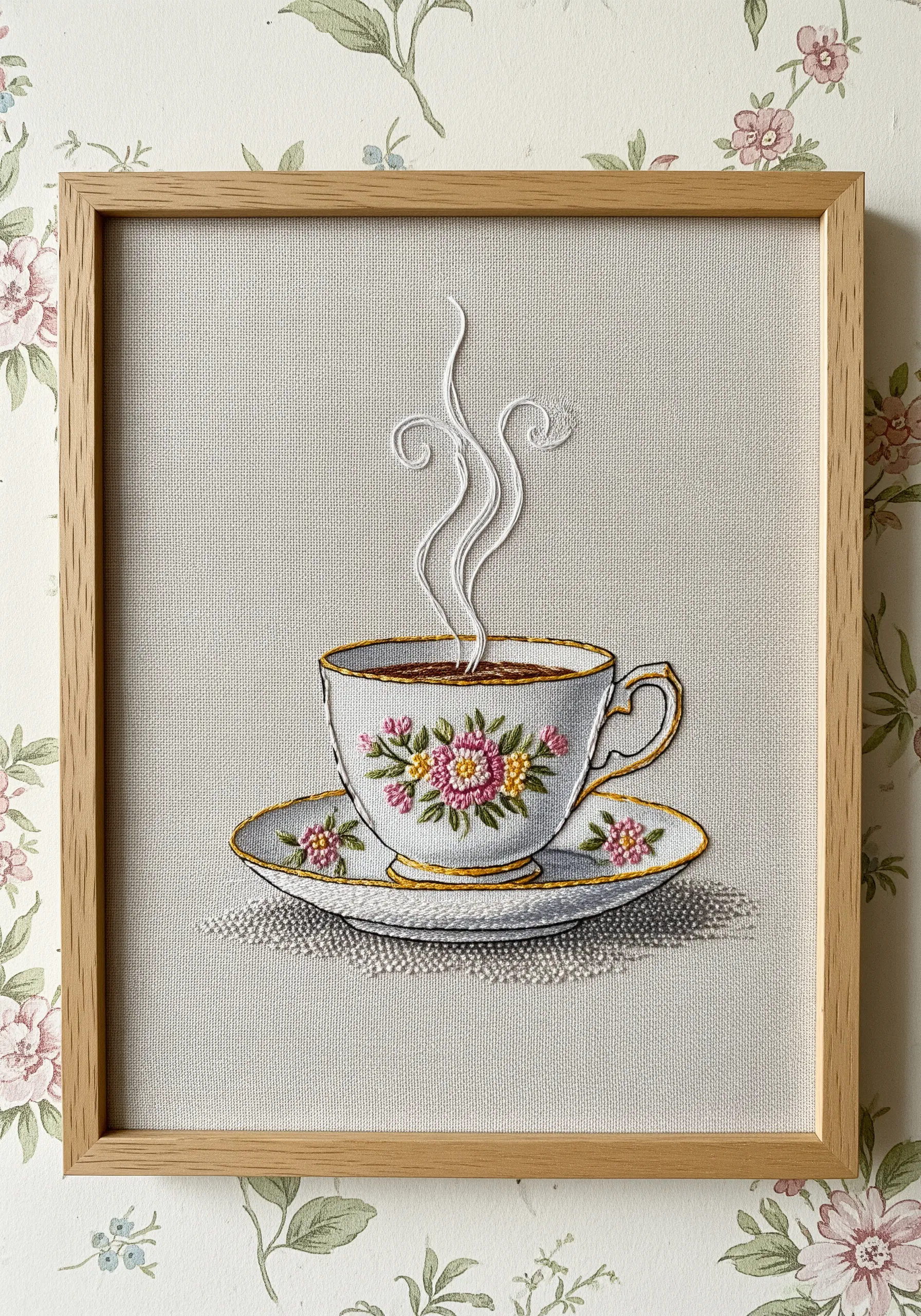 Framed embroidery of a floral teacup with delicate steam rising from it
