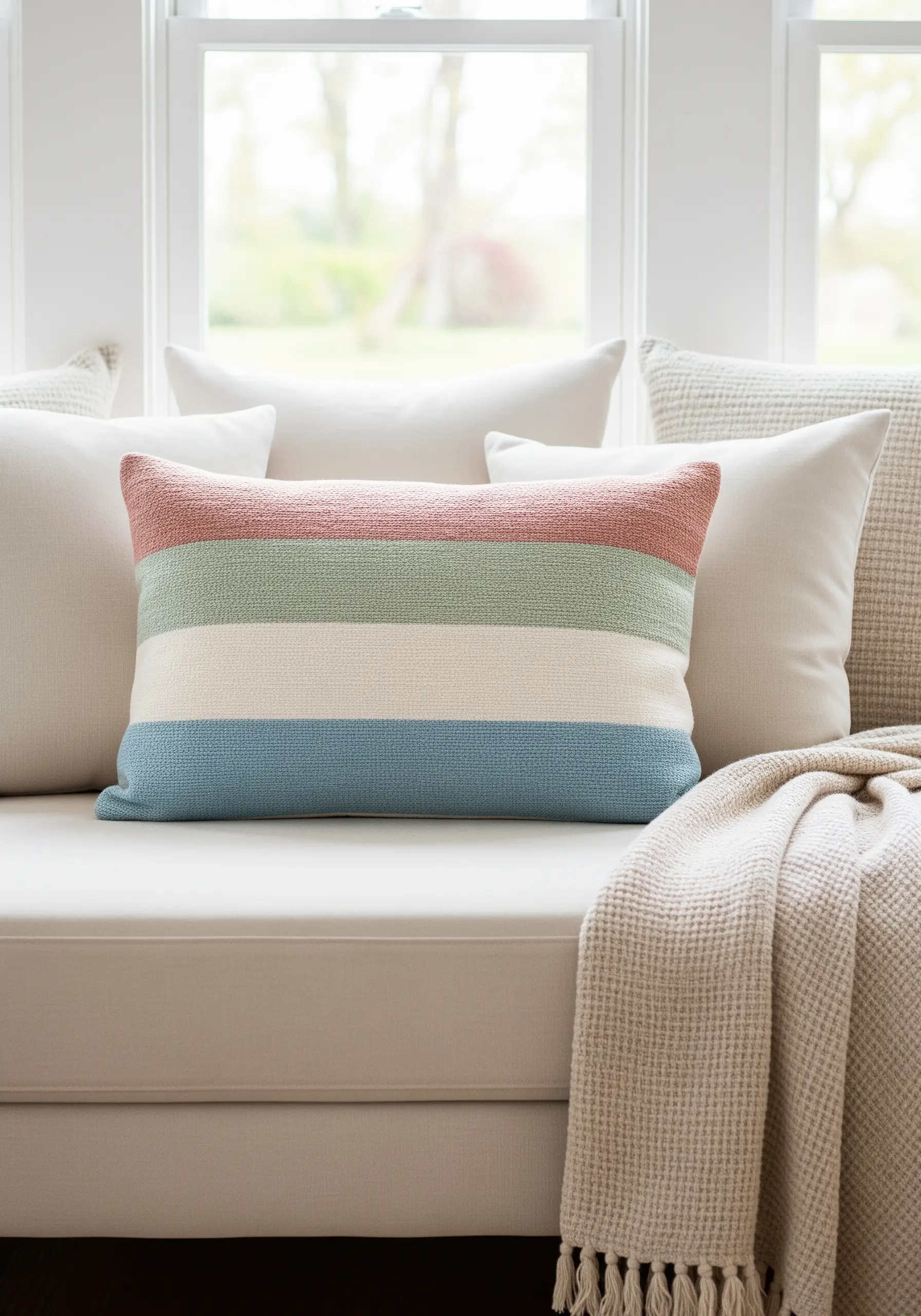 A striped pillow with textured bands of pink, green, cream, and blue on a white sofa.