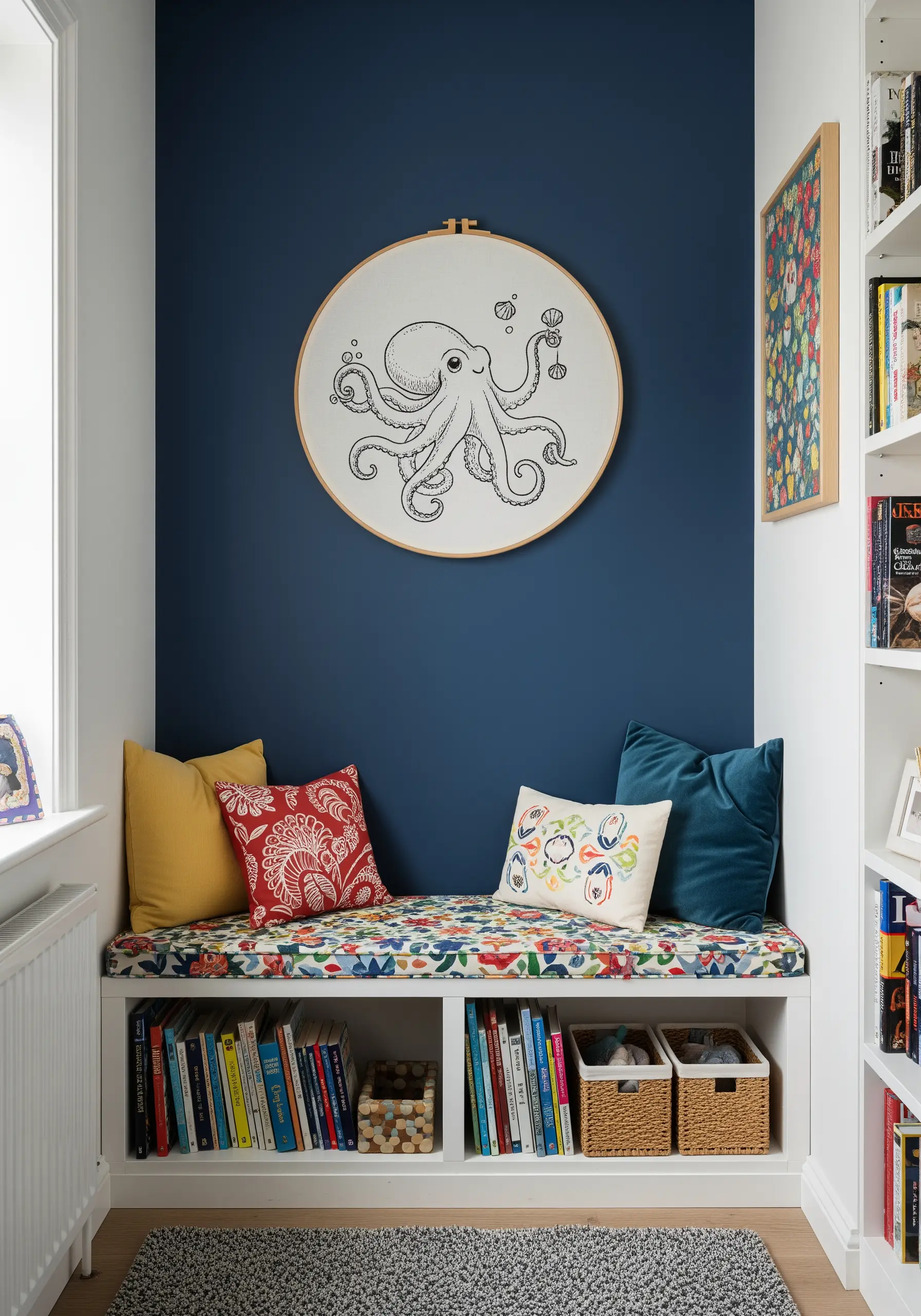 A detailed octopus embroidery in a large hoop, using chain stitches for its tentacles, hung on a navy wall.