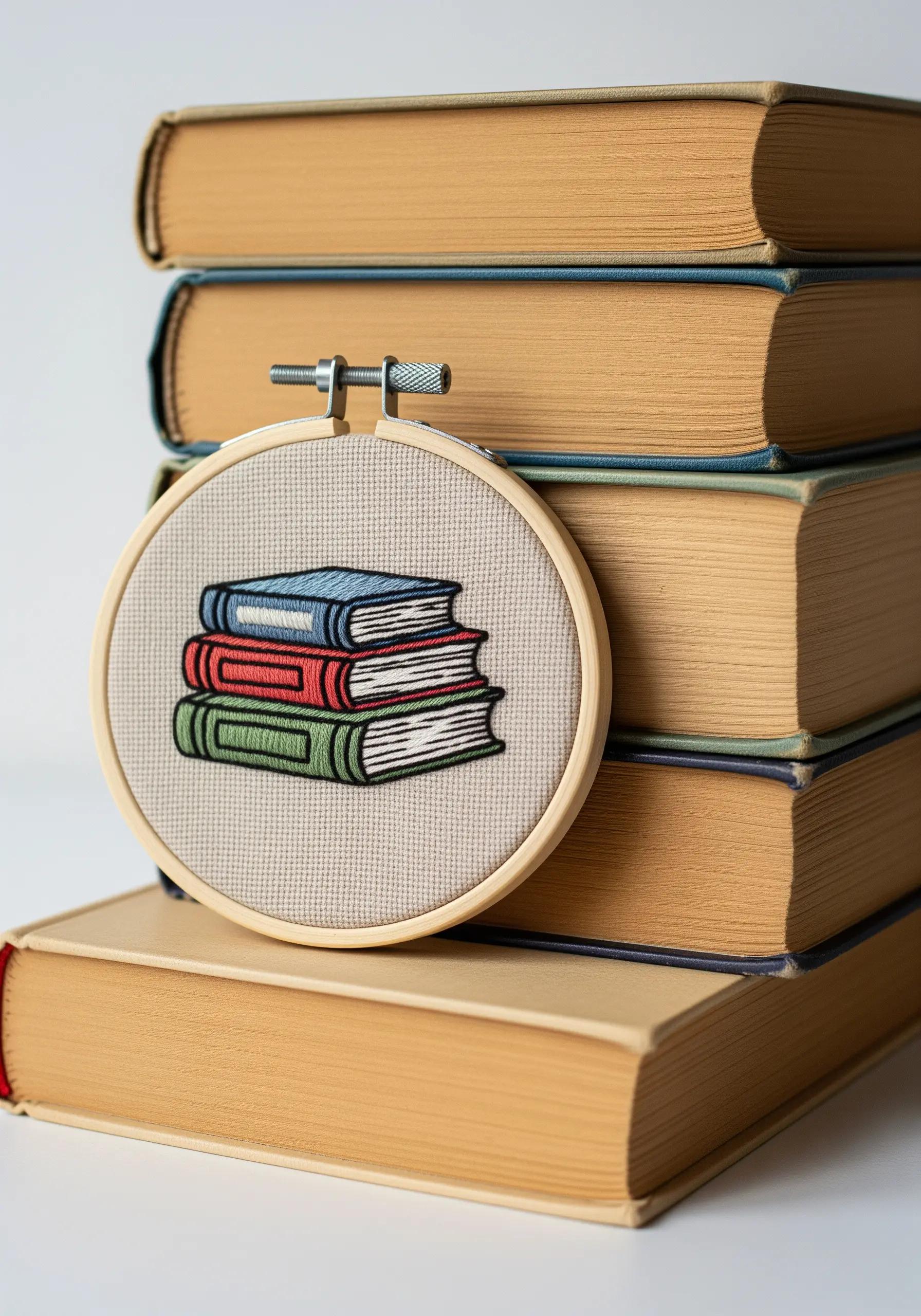 A stack of three colorful books with black outlines, embroidered in a hoop.