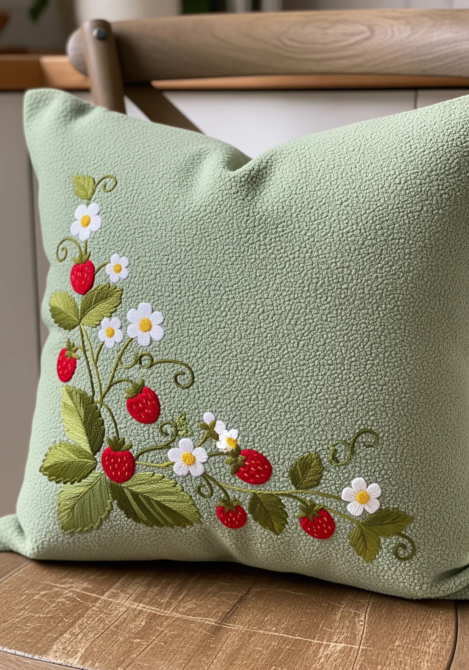 A corner motif of embroidered strawberries and white blossoms on a textured green pillow.