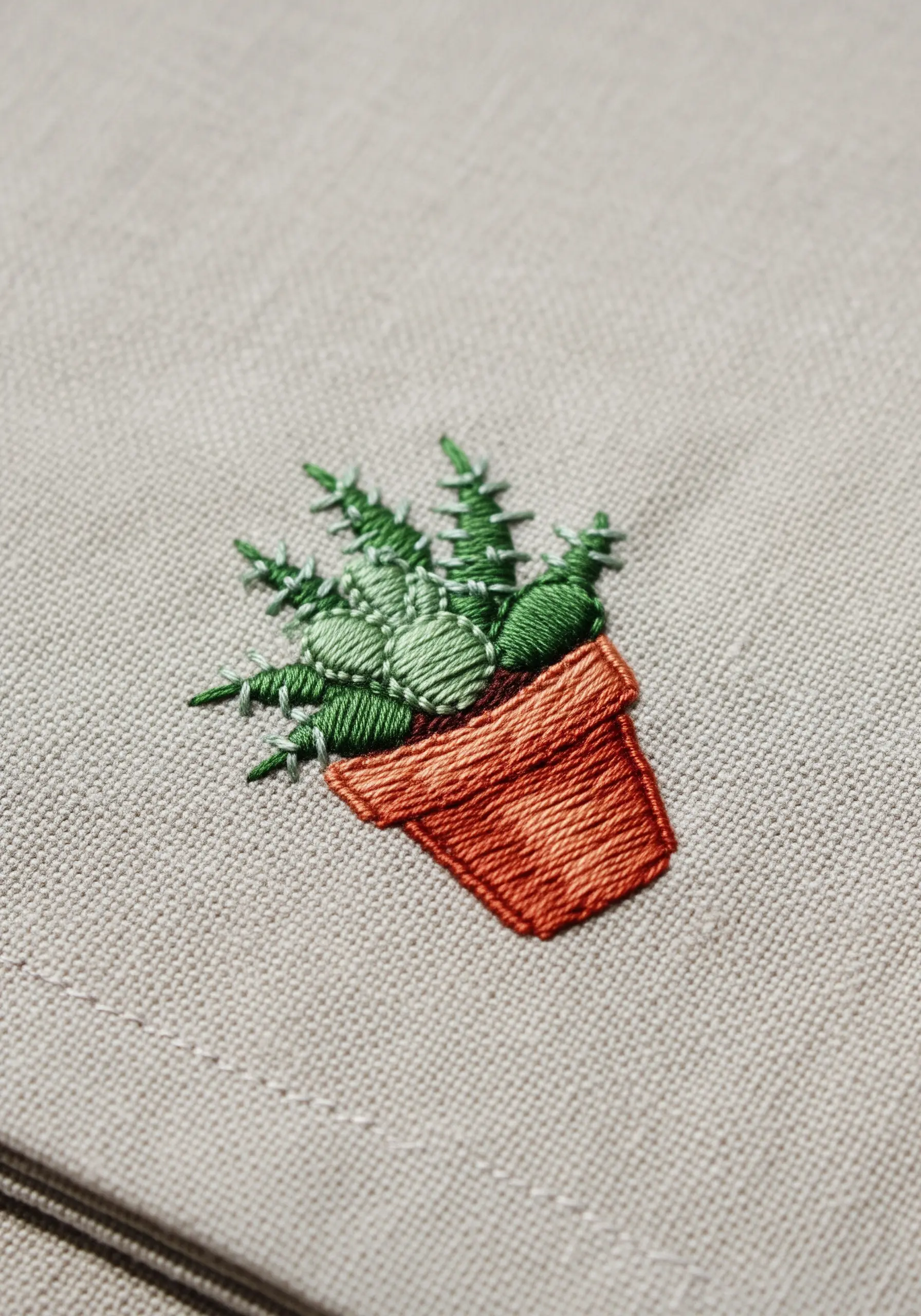 A tiny embroidered succulent in a terracotta pot on a neutral linen napkin.