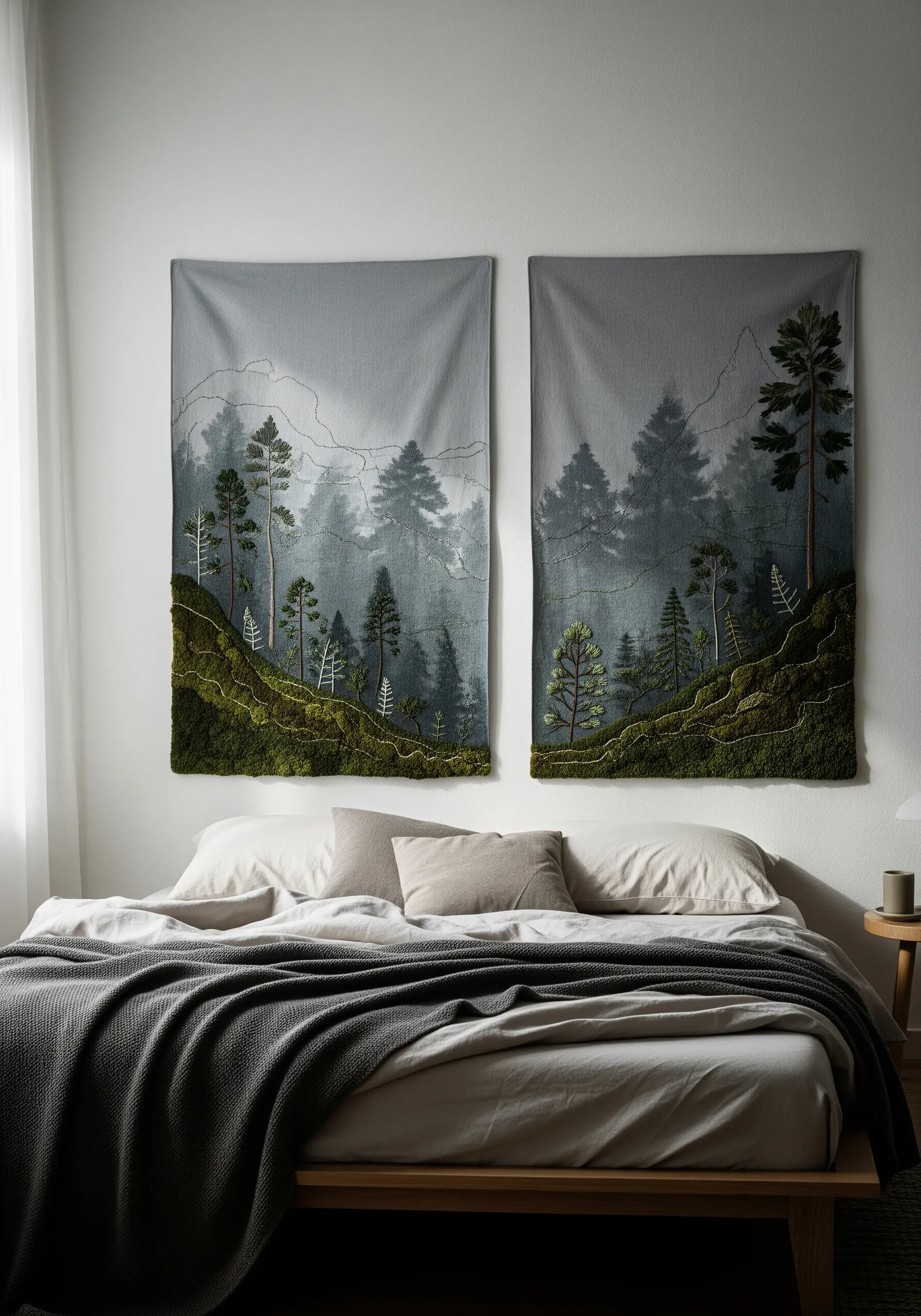 Two fabric panels hanging over a bed, showing a misty forest scene with embroidered moss and trees.