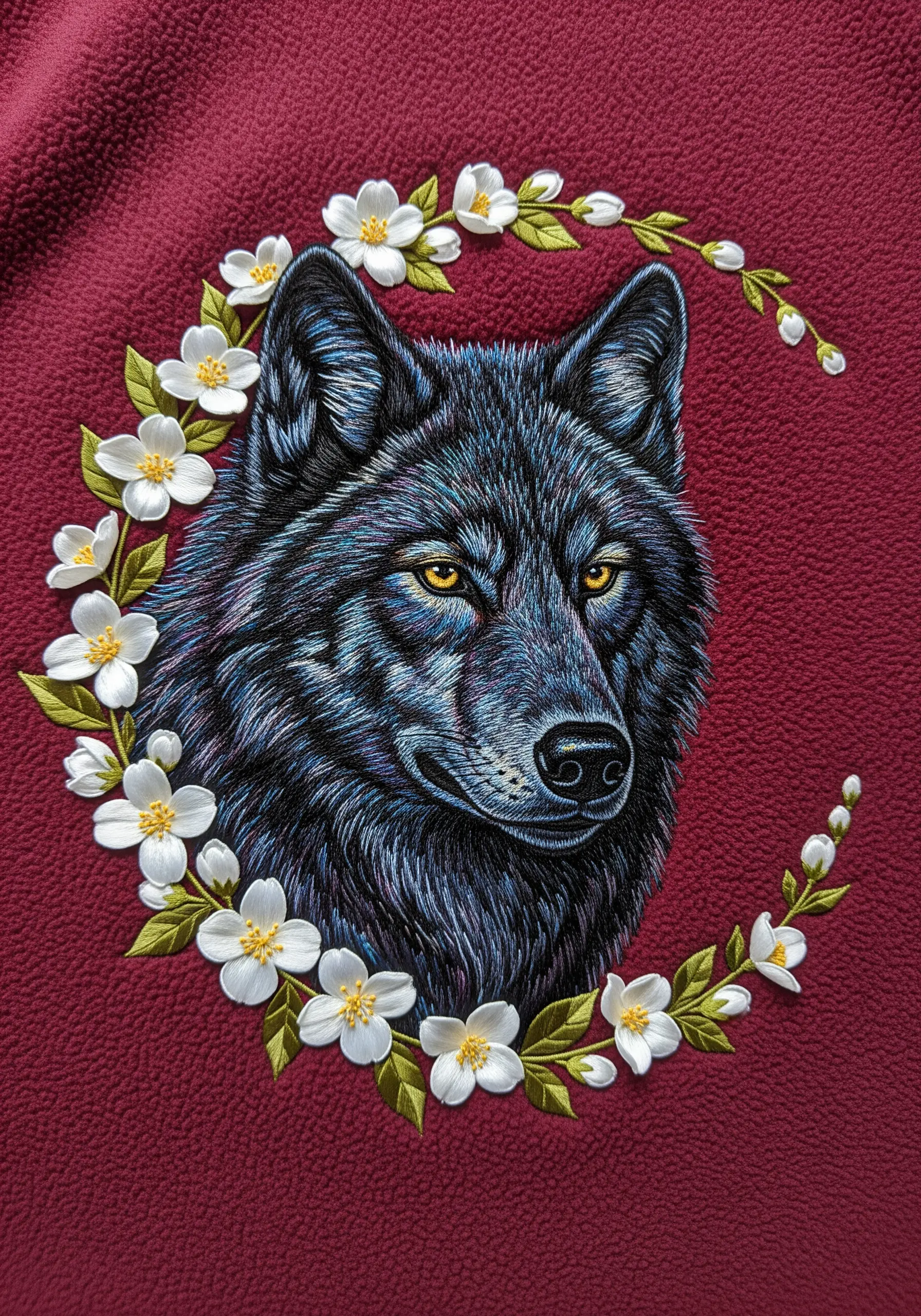 An embroidered black wolf with blue highlights, framed by dimensional white flowers.