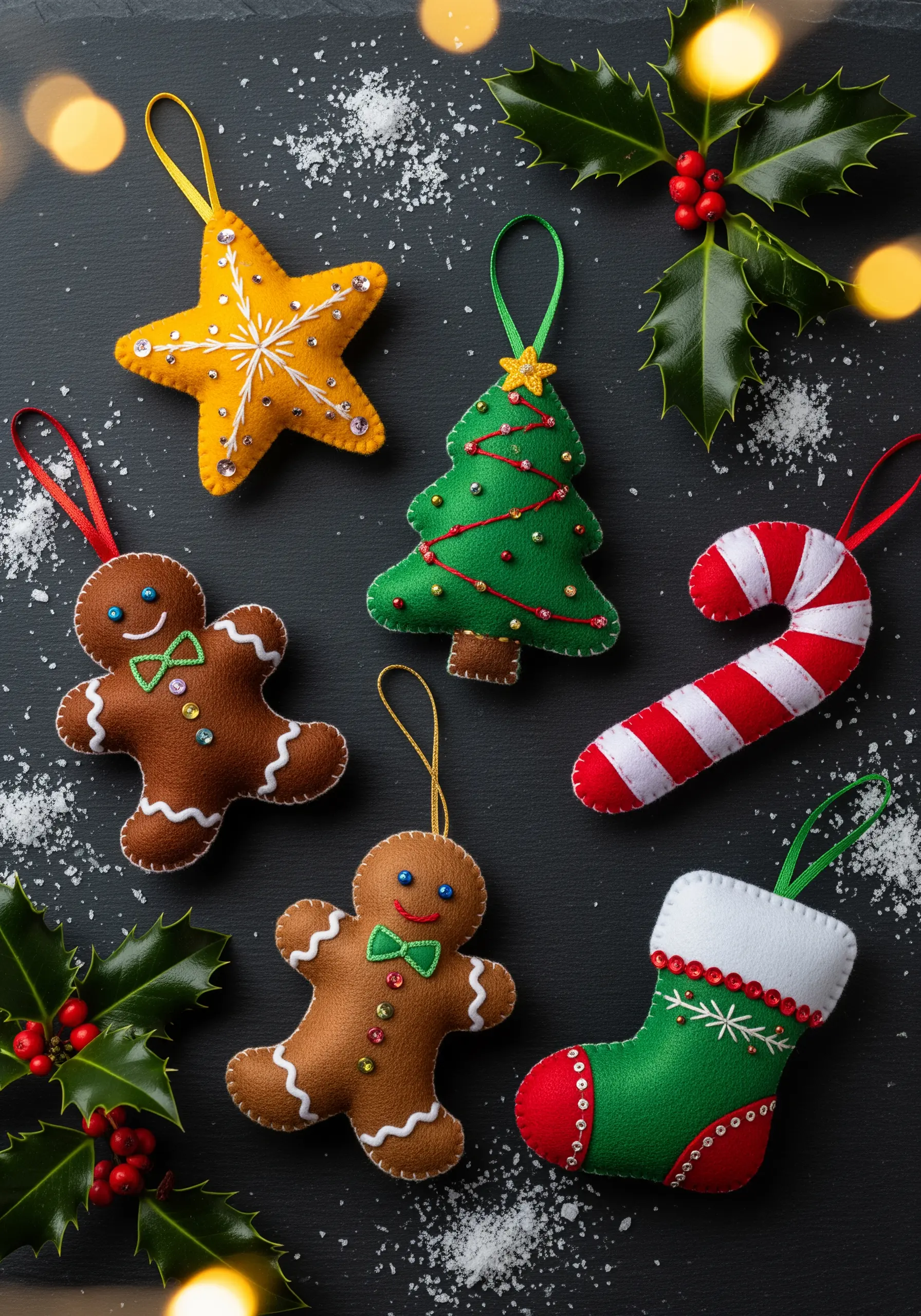 A collection of handmade felt Christmas ornaments including a gingerbread man, star, and tree.