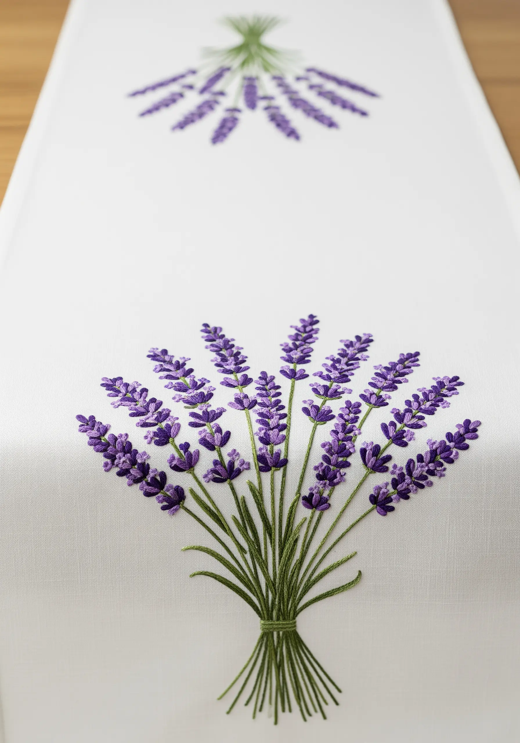 A bouquet of embroidered lavender on a crisp white table runner.
