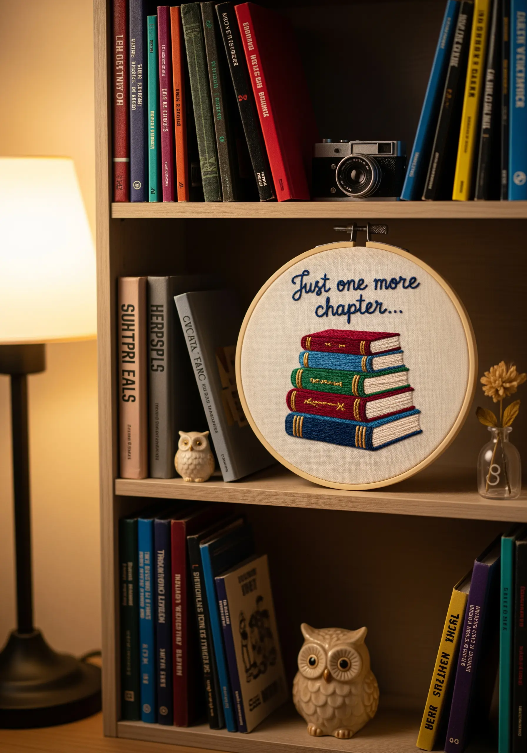 An embroidery hoop with a stack of books and the phrase 'Just one more chapter...'
