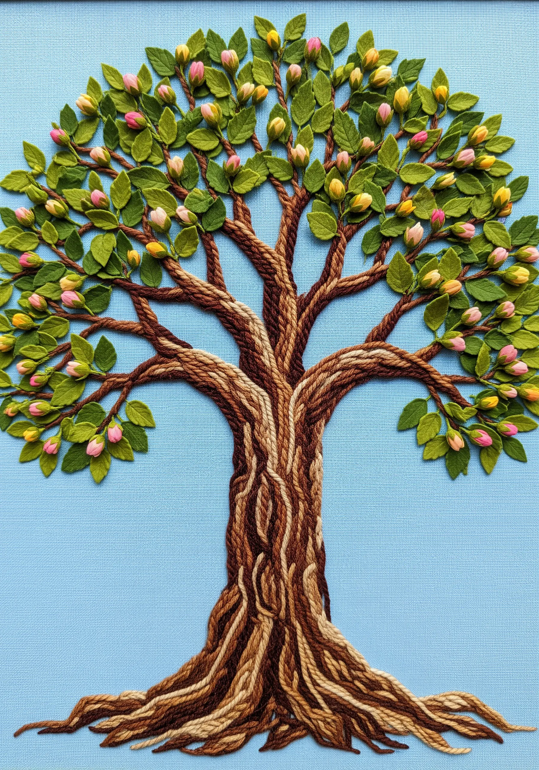 A heavily textured embroidered tree on blue fabric, with real dried flower buds used for blossoms.