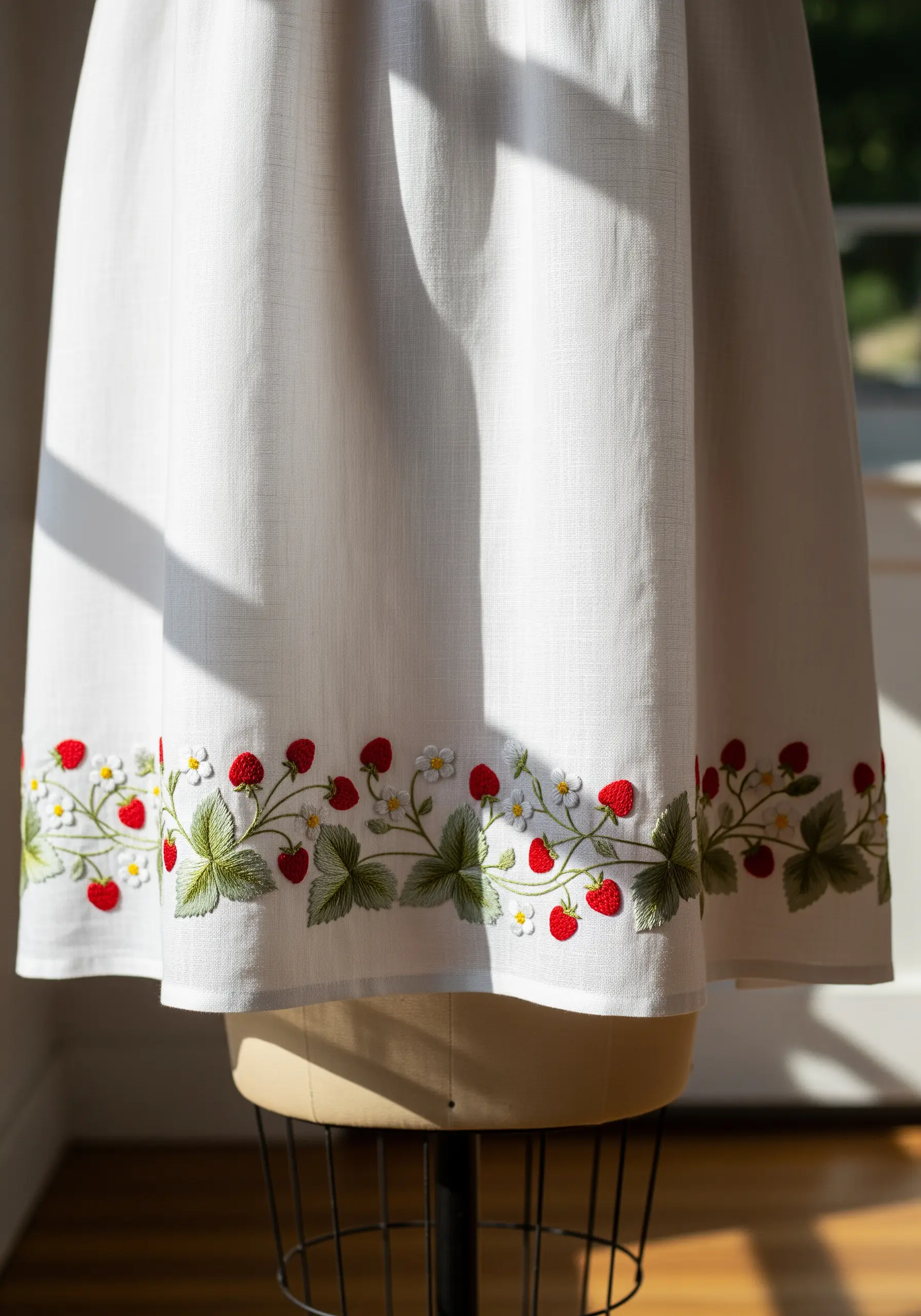 Embroidered strawberry and flower border on a white linen skirt hemline