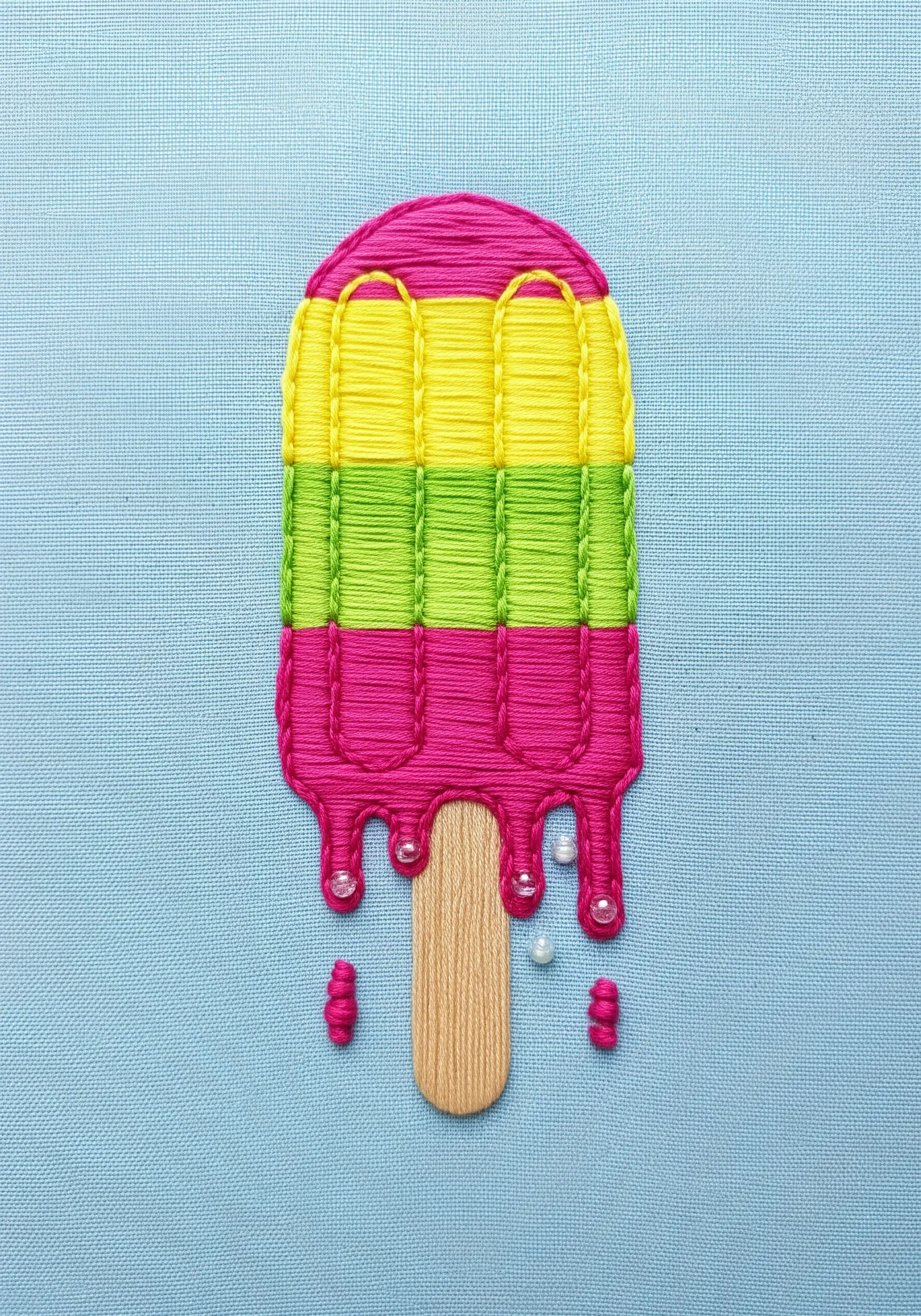 A melting popsicle embroidery using padded chain stitch for a 3D effect.