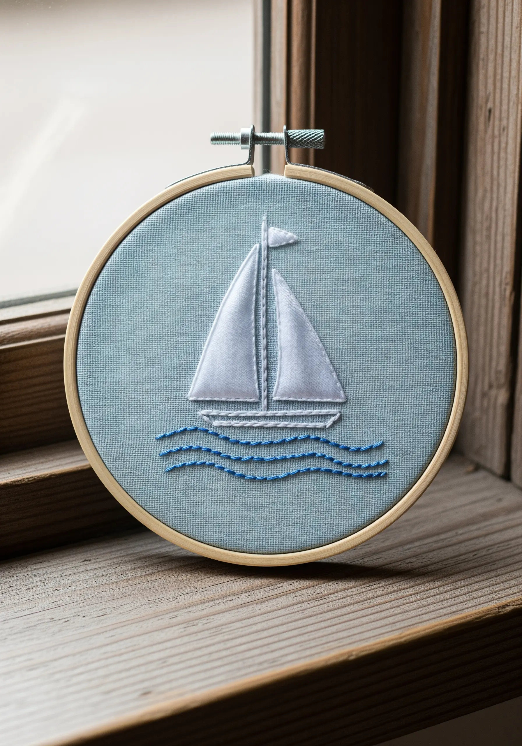 An embroidered sailboat with white fabric appliqué sails and blue stitched waves.