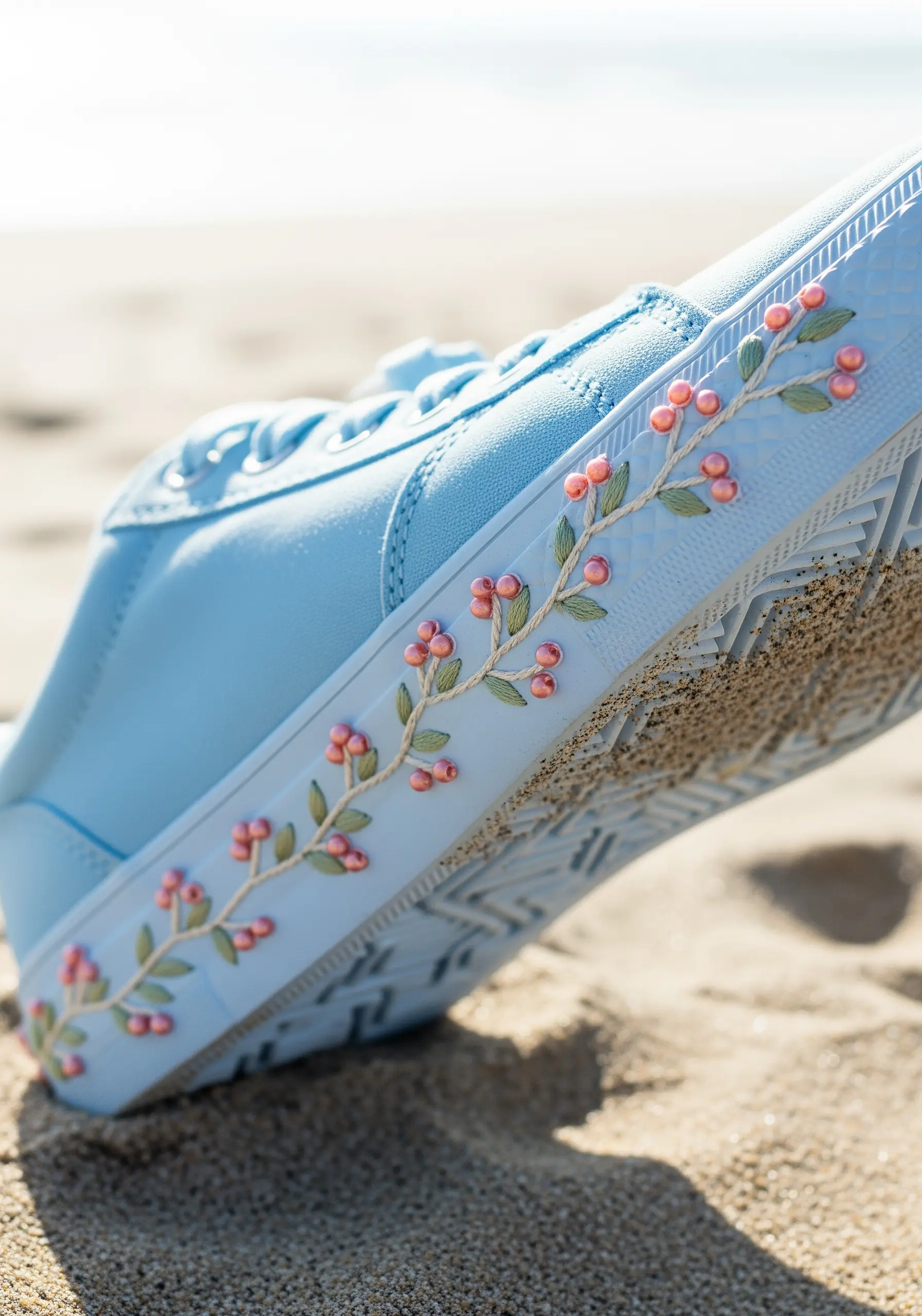 A delicate vine with green leaves and pink beaded berries embroidered on a light blue shoe.
