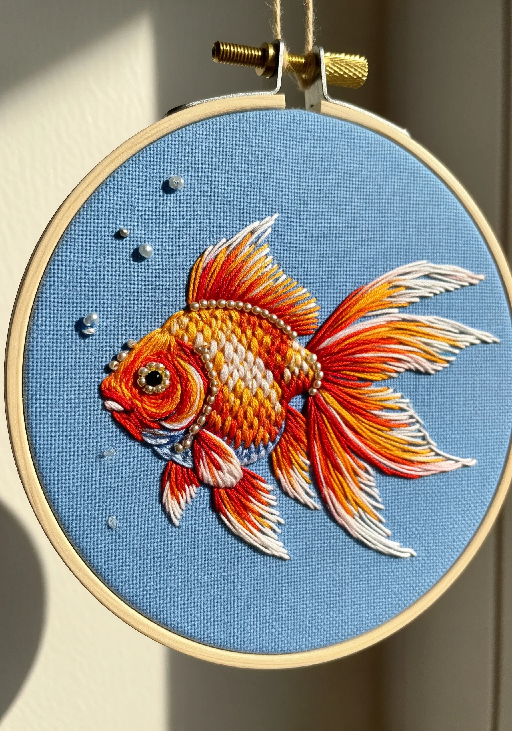 Embroidered goldfish with vibrant, thread-painted fins and delicate beadwork for scales.