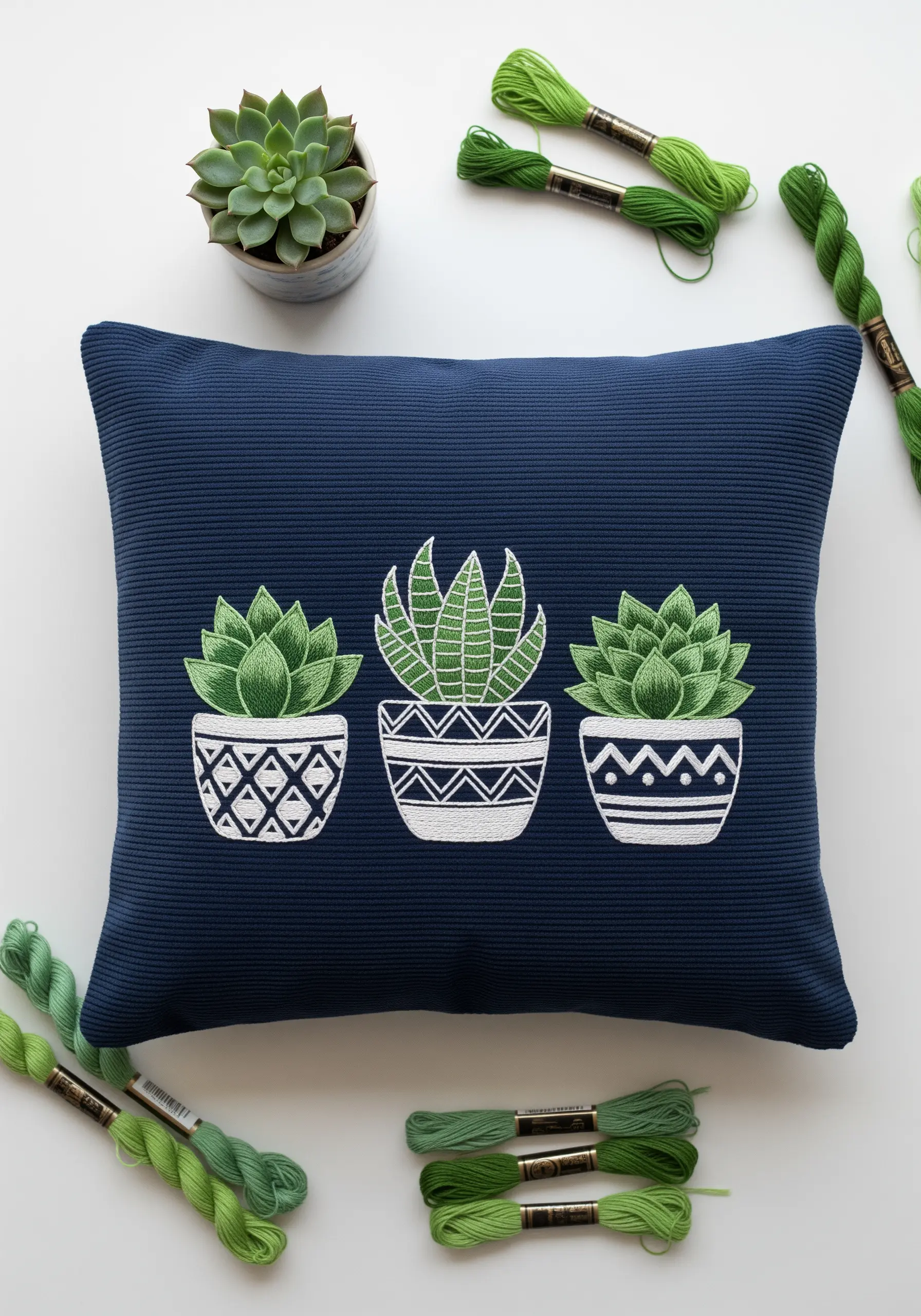 Three embroidered succulents in patterned pots on a dark blue ribbed pillow.