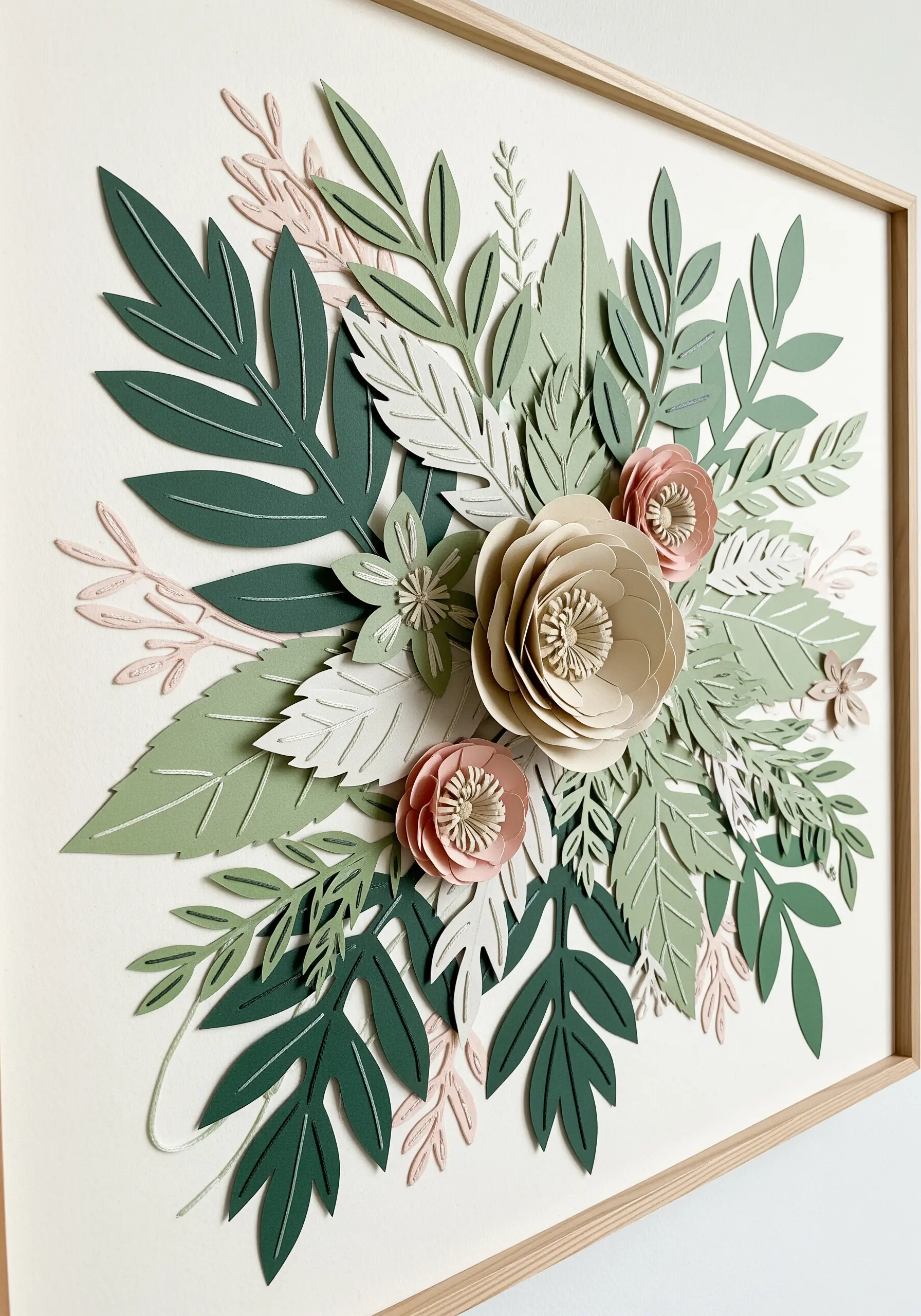 A framed, three-dimensional artwork made of layered paper leaves and flowers in shades of green and pink.