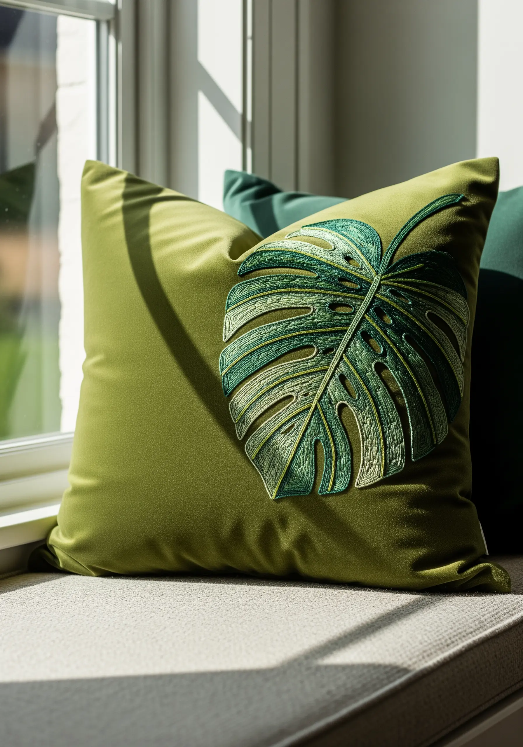 A large, intricately embroidered monstera leaf appliqué on a green velvet cushion.