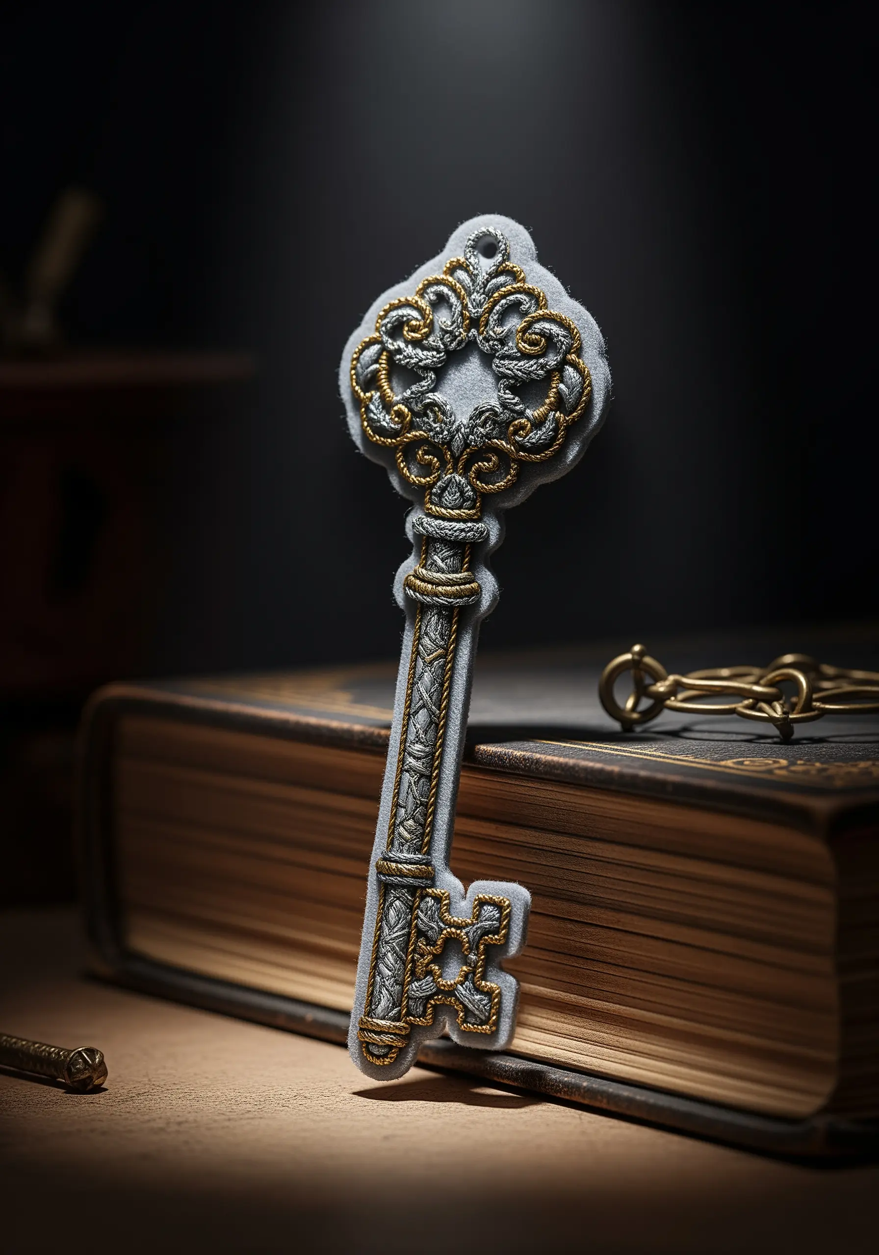 Ornate silver and gold embroidered key bookmark with raised metallic thread details.
