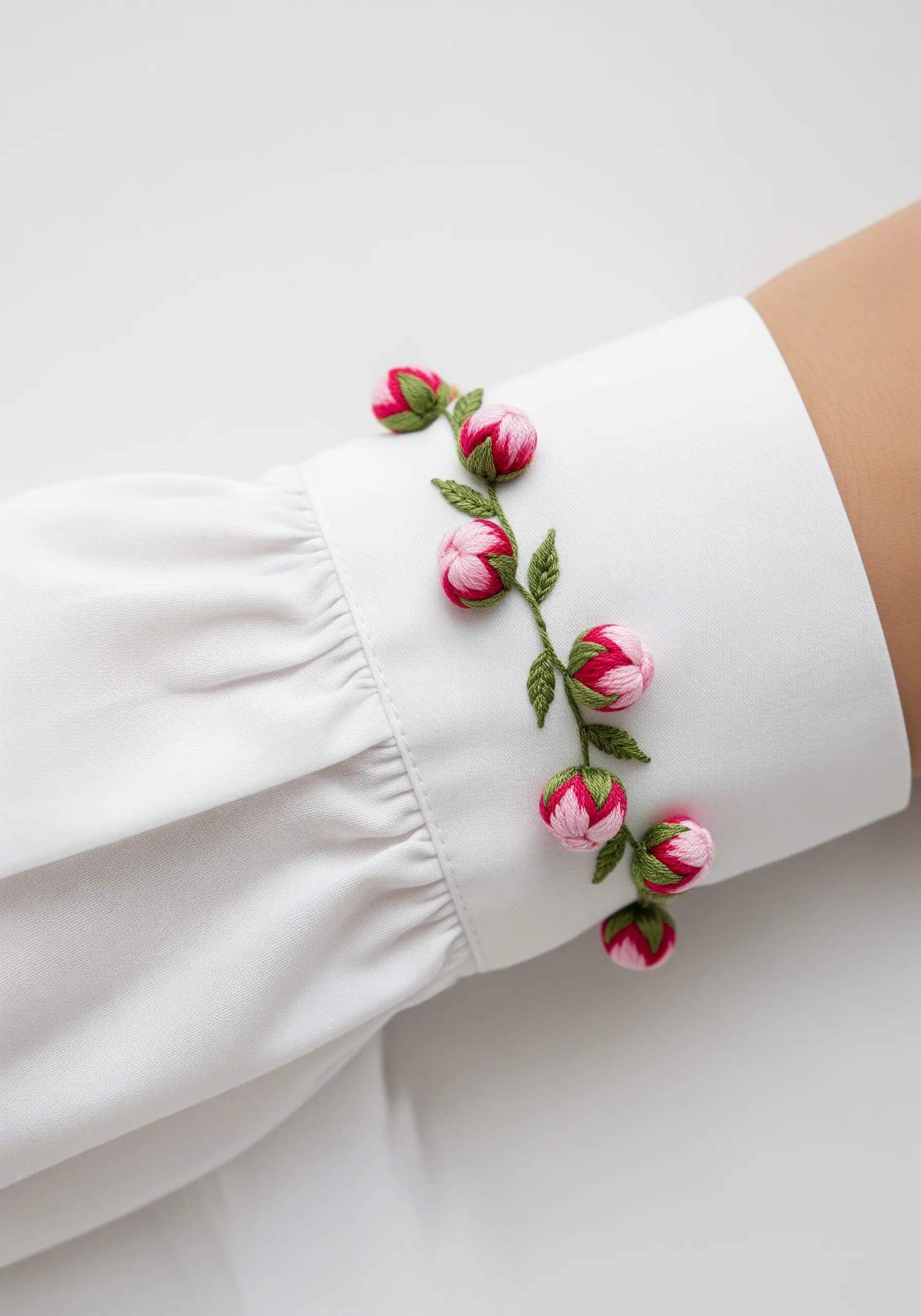 A row of small, raised pink peony buds on the cuff of a white shirt.