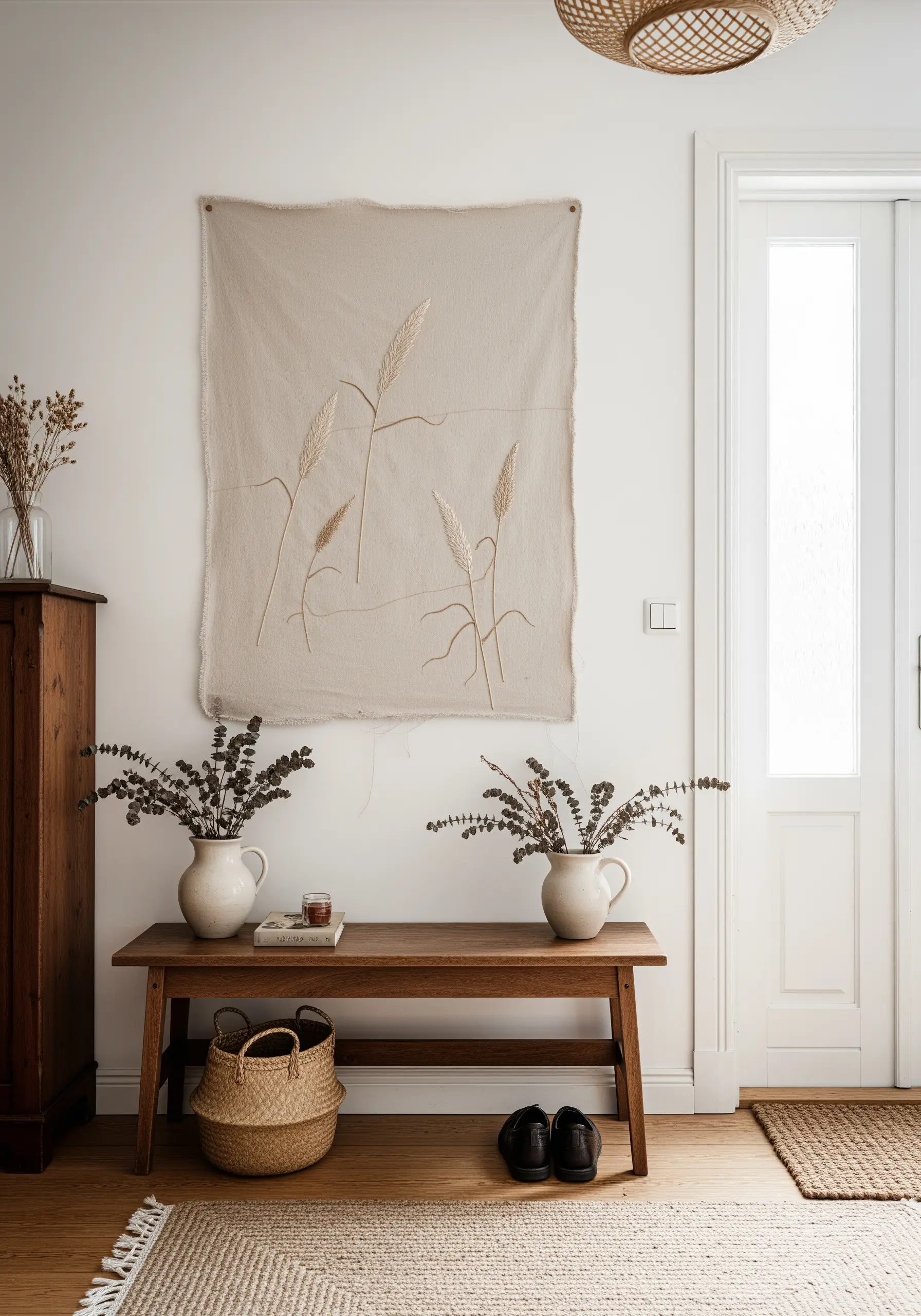 A raw-edged linen tapestry with embroidered dried grasses using 3D stitches