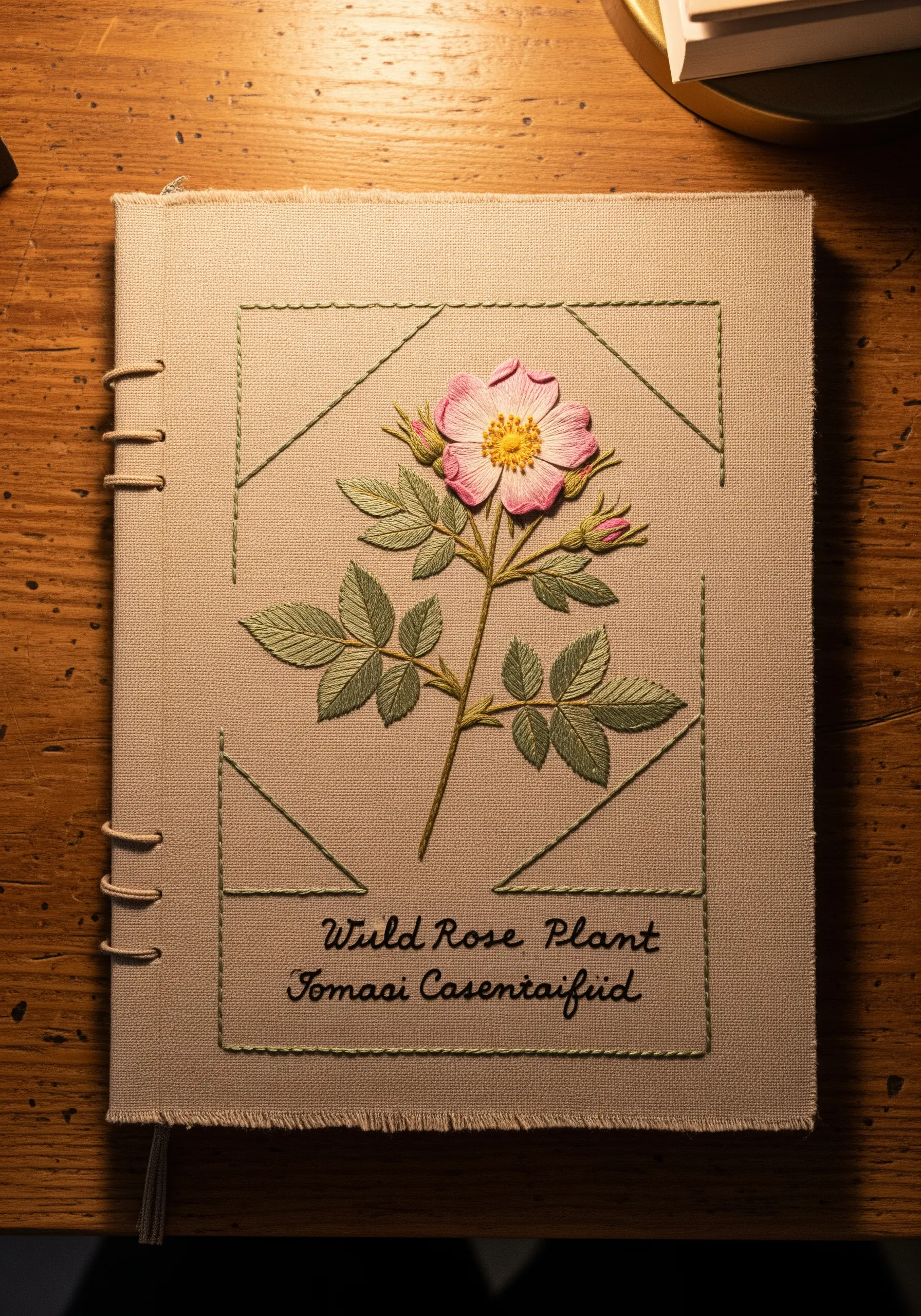 A wild rose embroidered on a fabric book cover with raised petals and neat lettering.