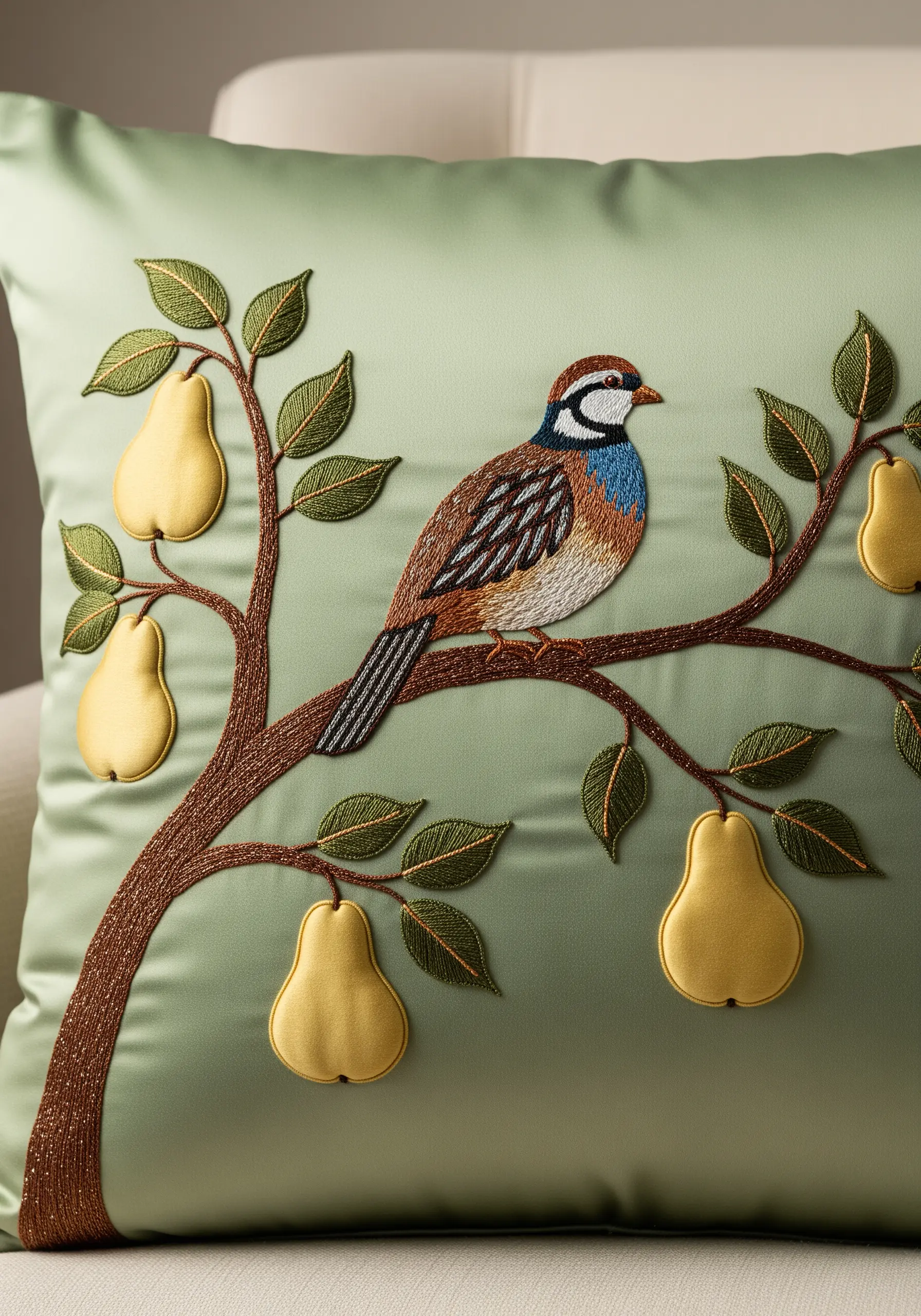 A partridge on a branch with appliqué pears on a sage green pillow.