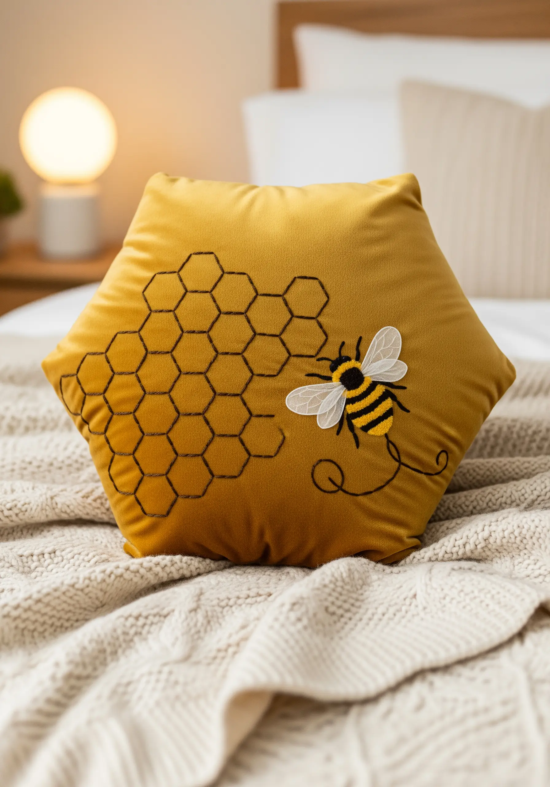 Hexagonal yellow pillow with embroidered honeycomb and a bee with sheer appliqué wings.