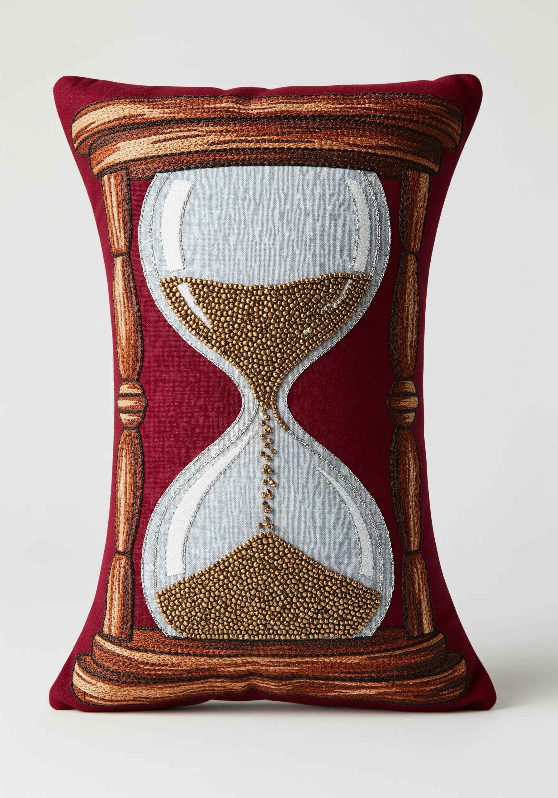 An embroidered hourglass with wooden frame, with gold seed beads used for the sand.
