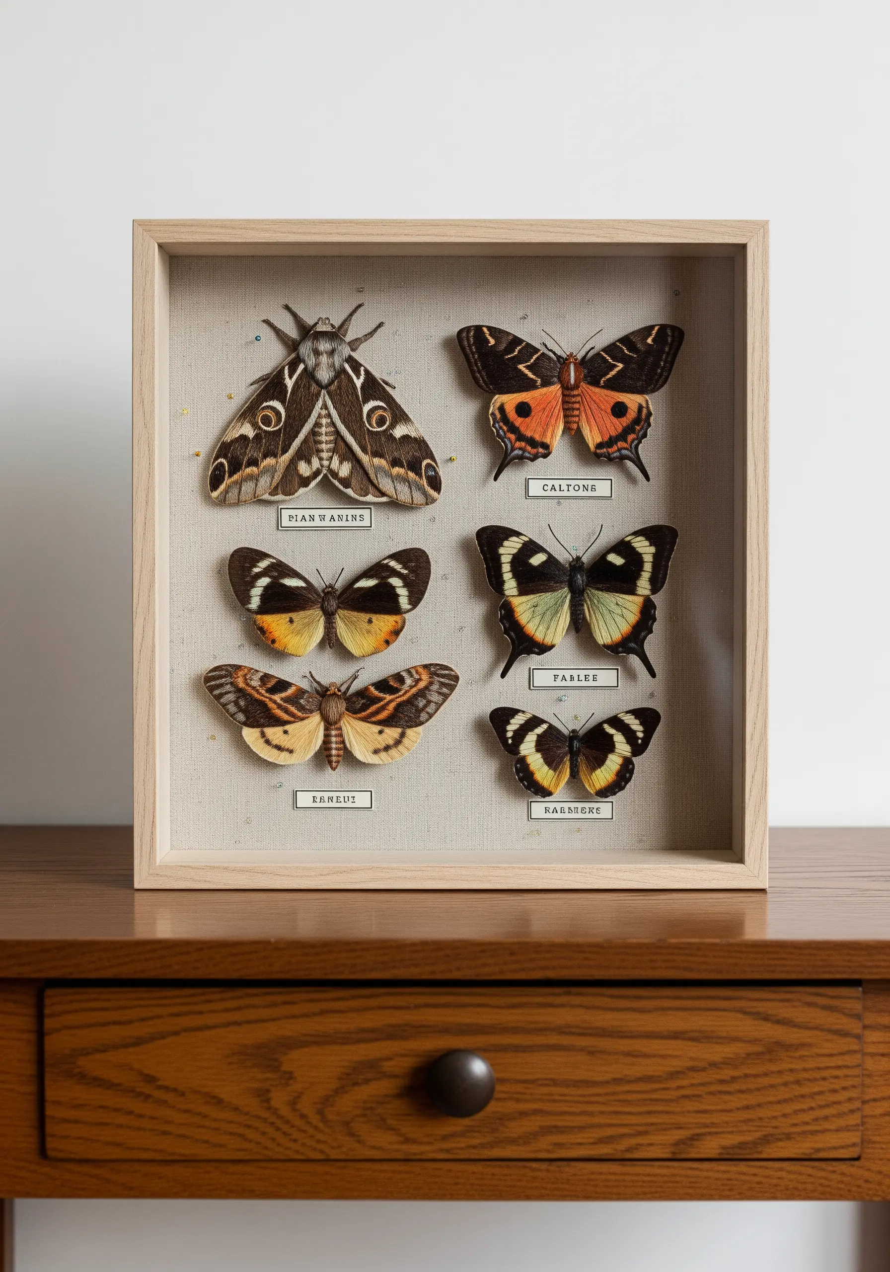 Embroidered butterflies and moths mounted in a shadow box like a scientific collection.