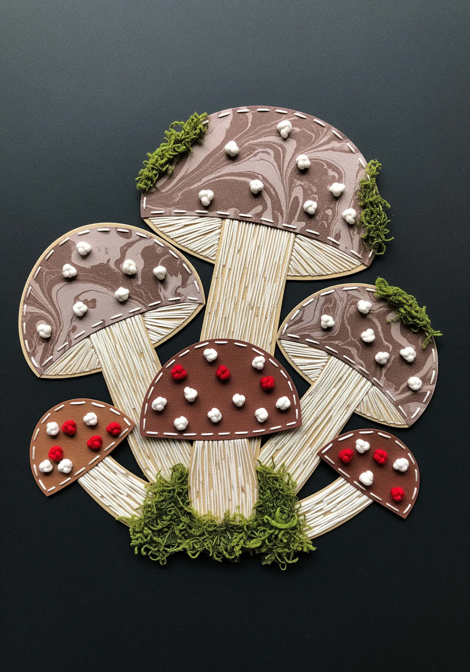 Paper mushrooms decorated with white and red French knots and faux moss.