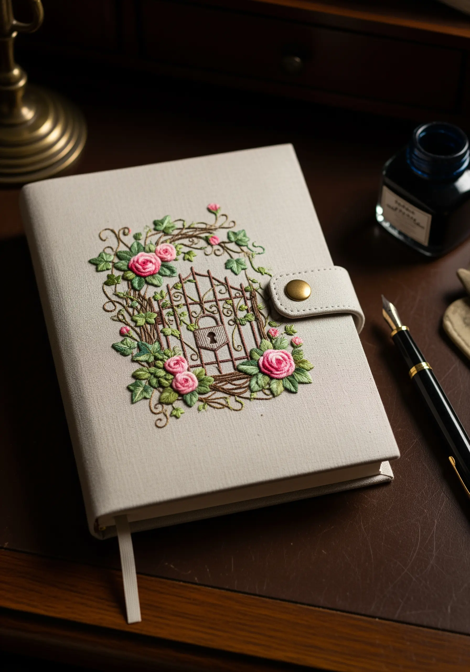 A journal cover with 3D embroidered pink roses and green vines framing a small gate.
