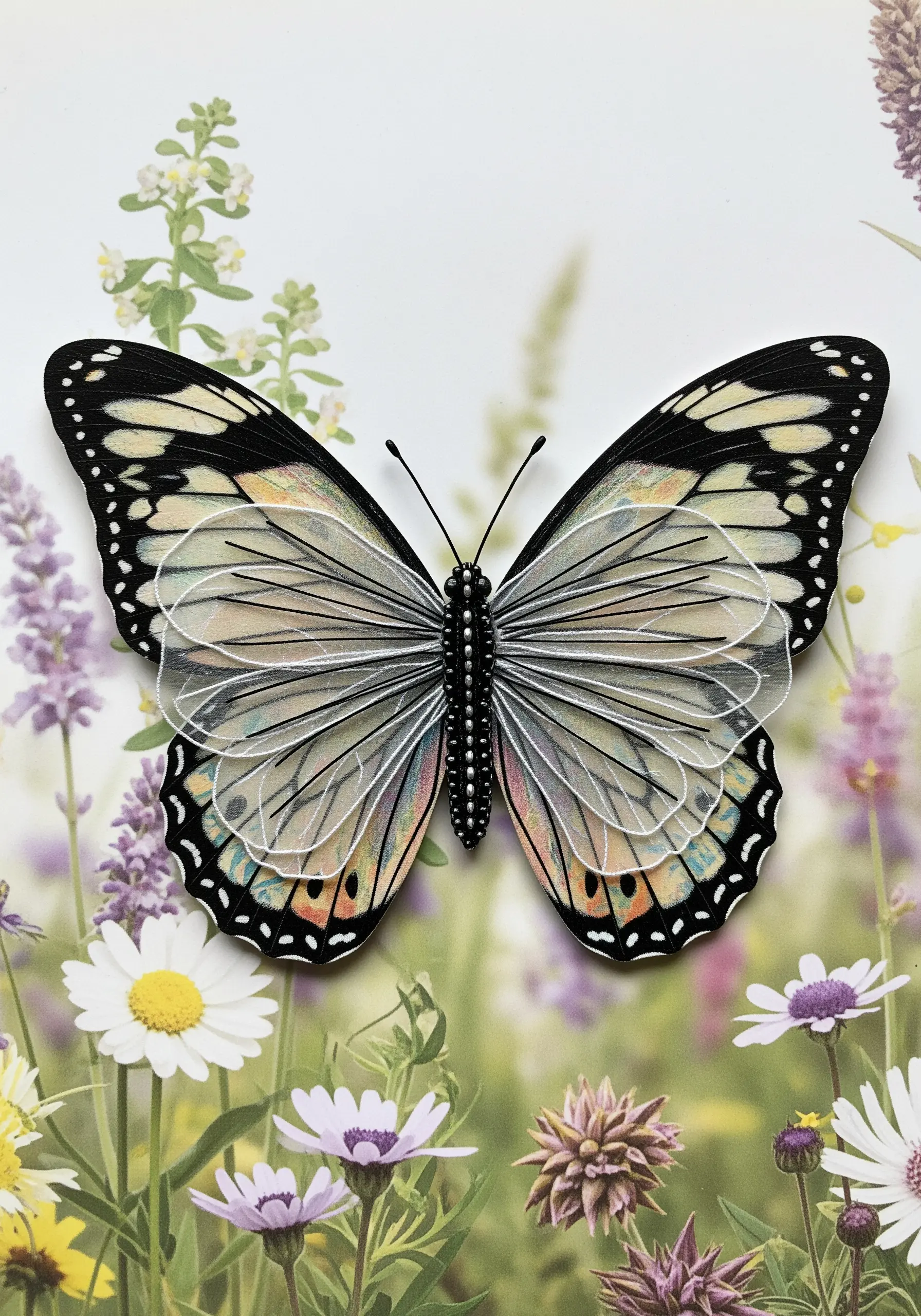 Embroidered butterfly with layered vellum wings that lift off a floral background