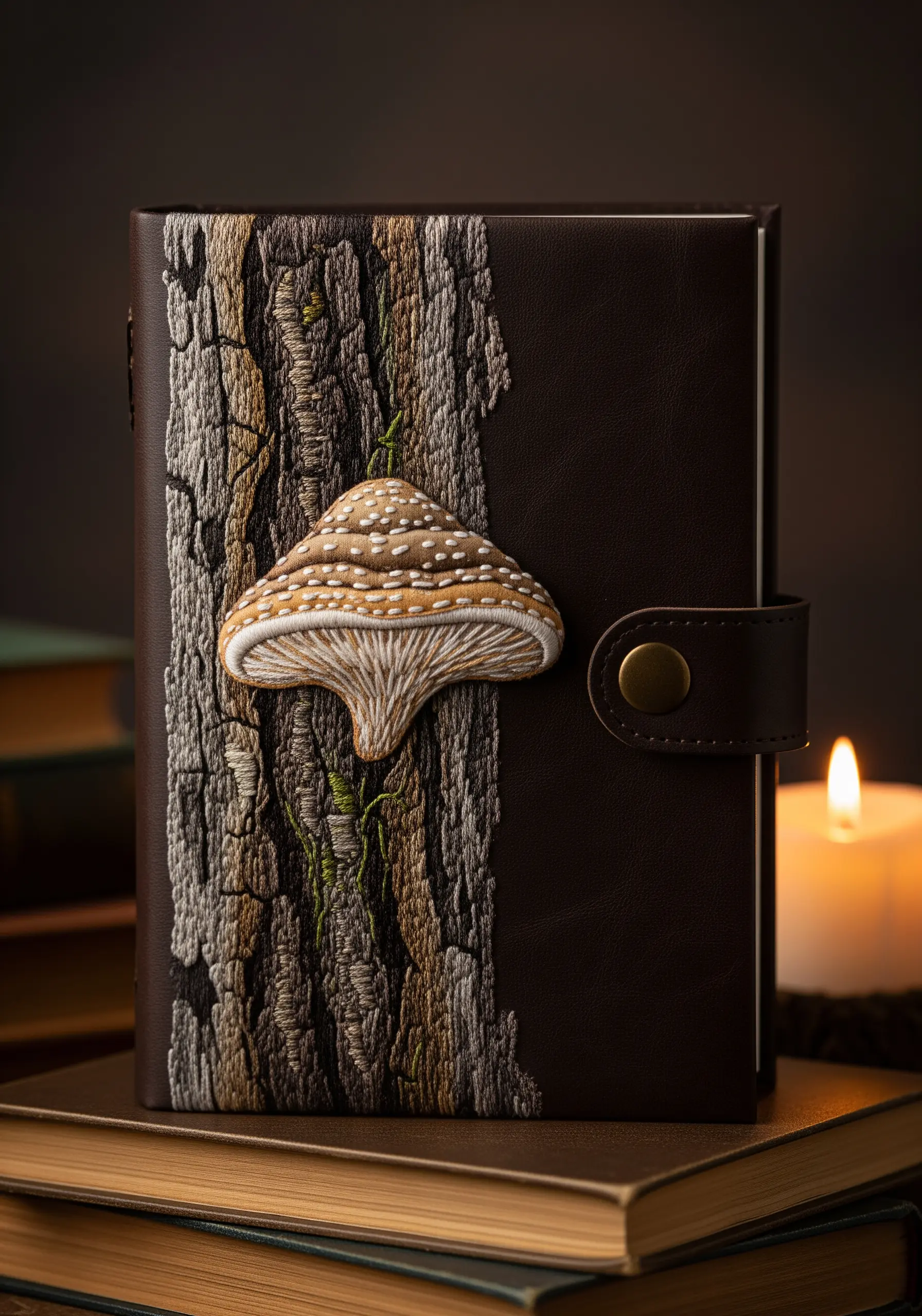 A leather-bound journal with a dimensional stumpwork mushroom stitched over a thread-painted bark texture.