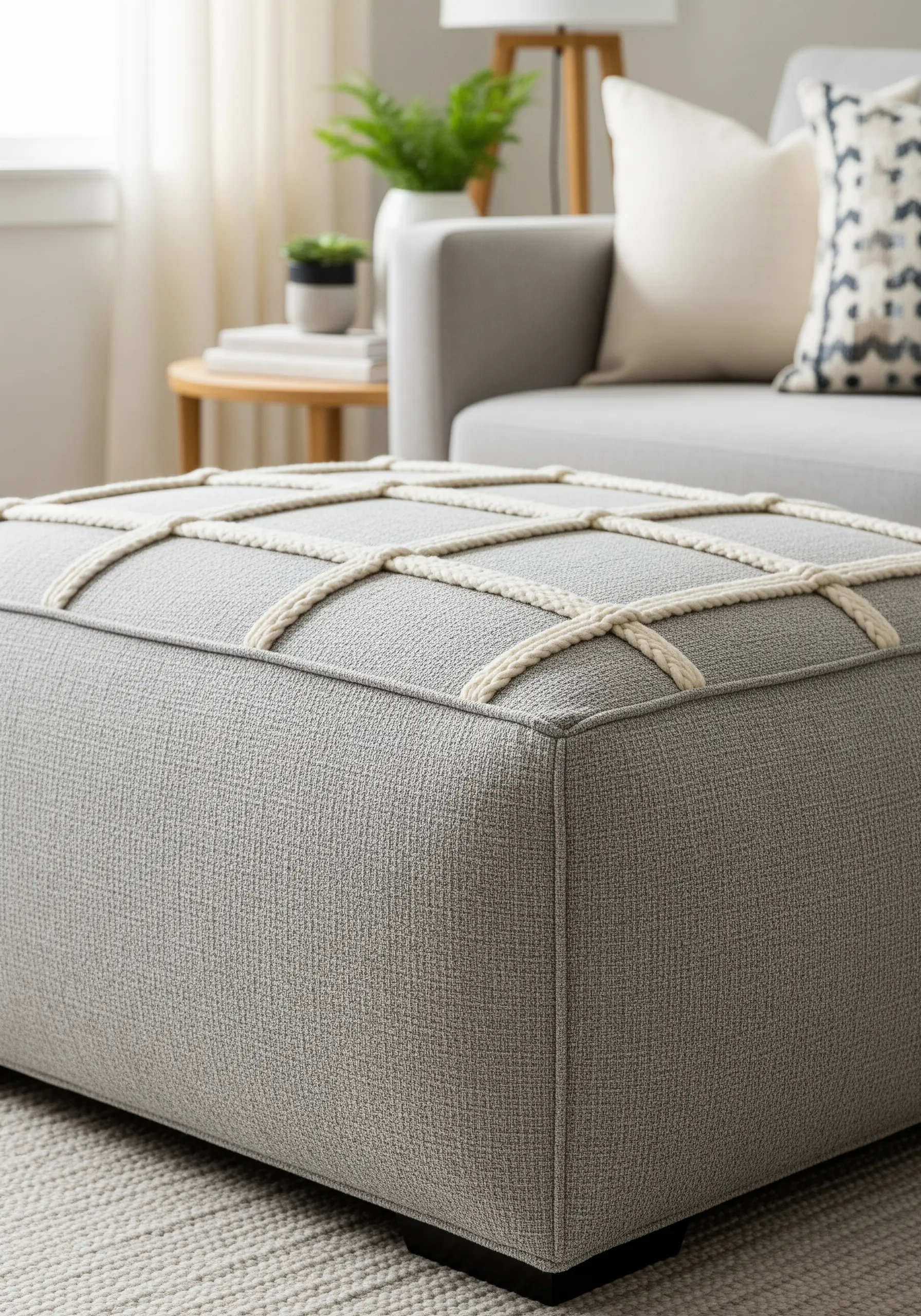 A close-up of a gray upholstered ottoman with a grid pattern of thick, cream-colored couched cord.