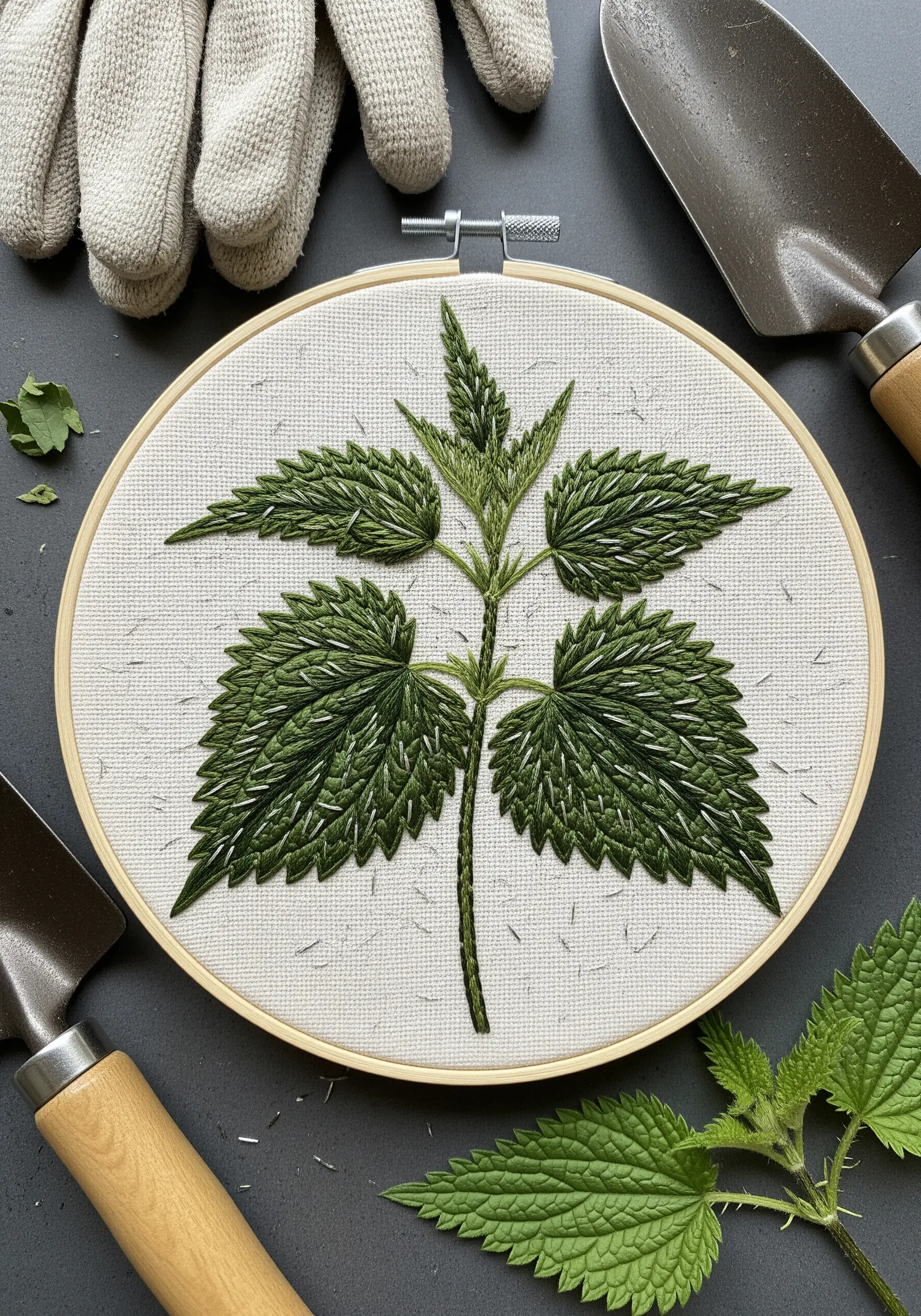 A realistic embroidery of a stinging nettle plant, showing detailed leaf texture and serrated edges.