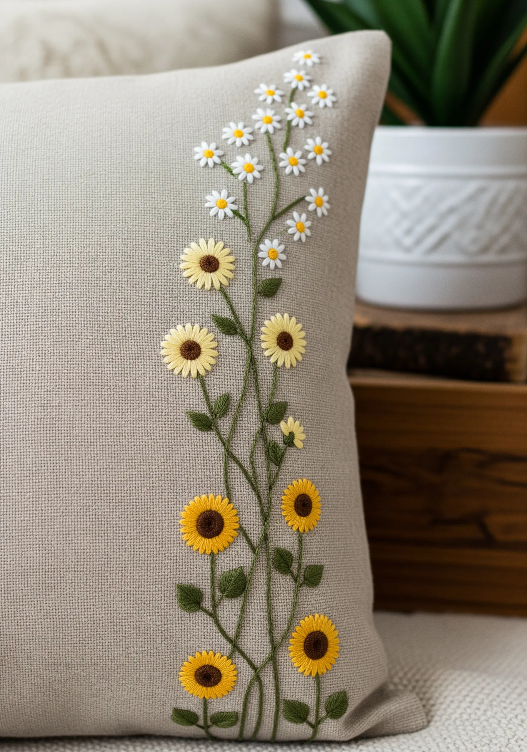 A delicate vine of sunflowers and daisies embroidered vertically on a neutral linen pillow.