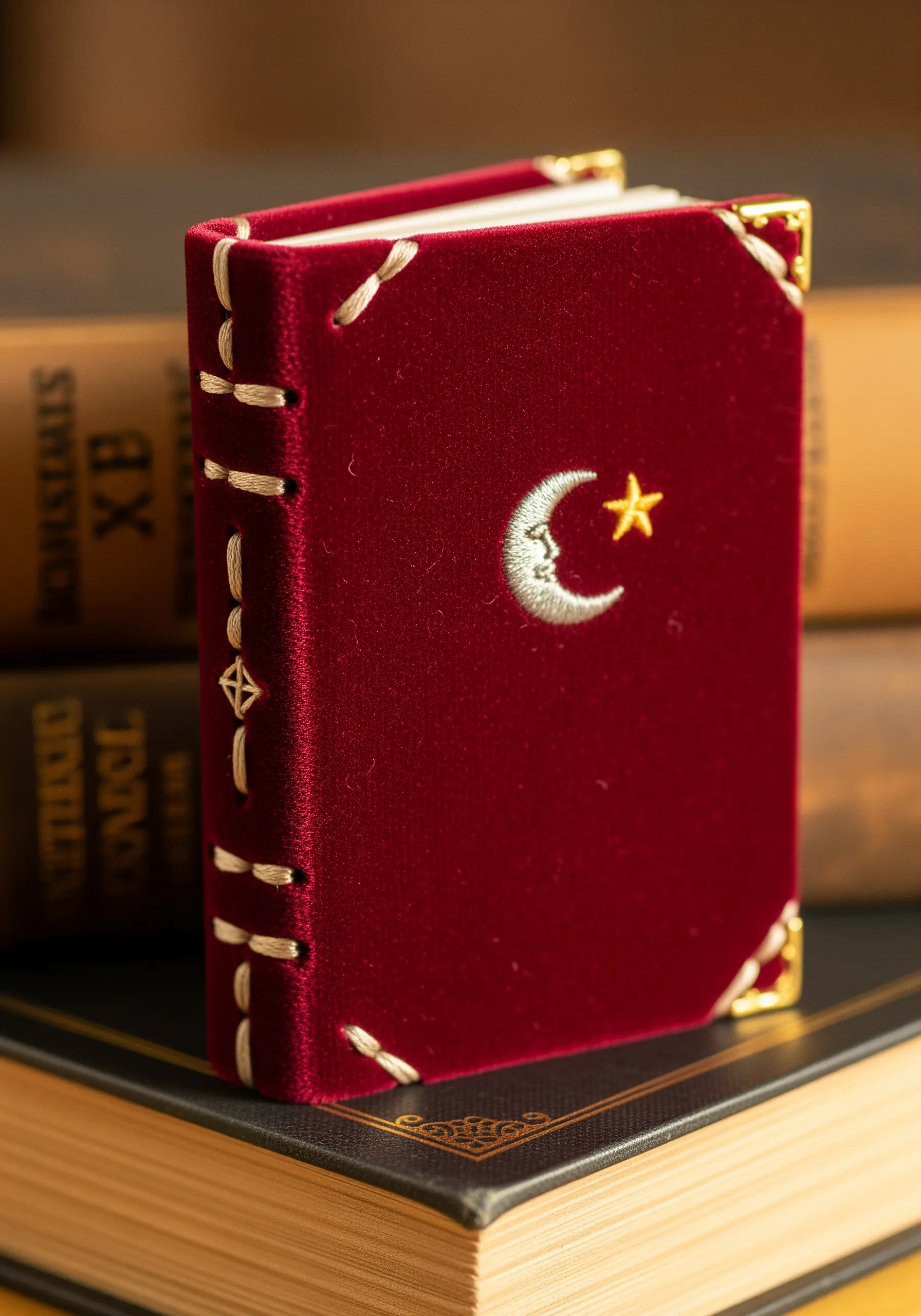 A tiny, luxurious red velvet book with a silver embroidered crescent moon and star on the cover.